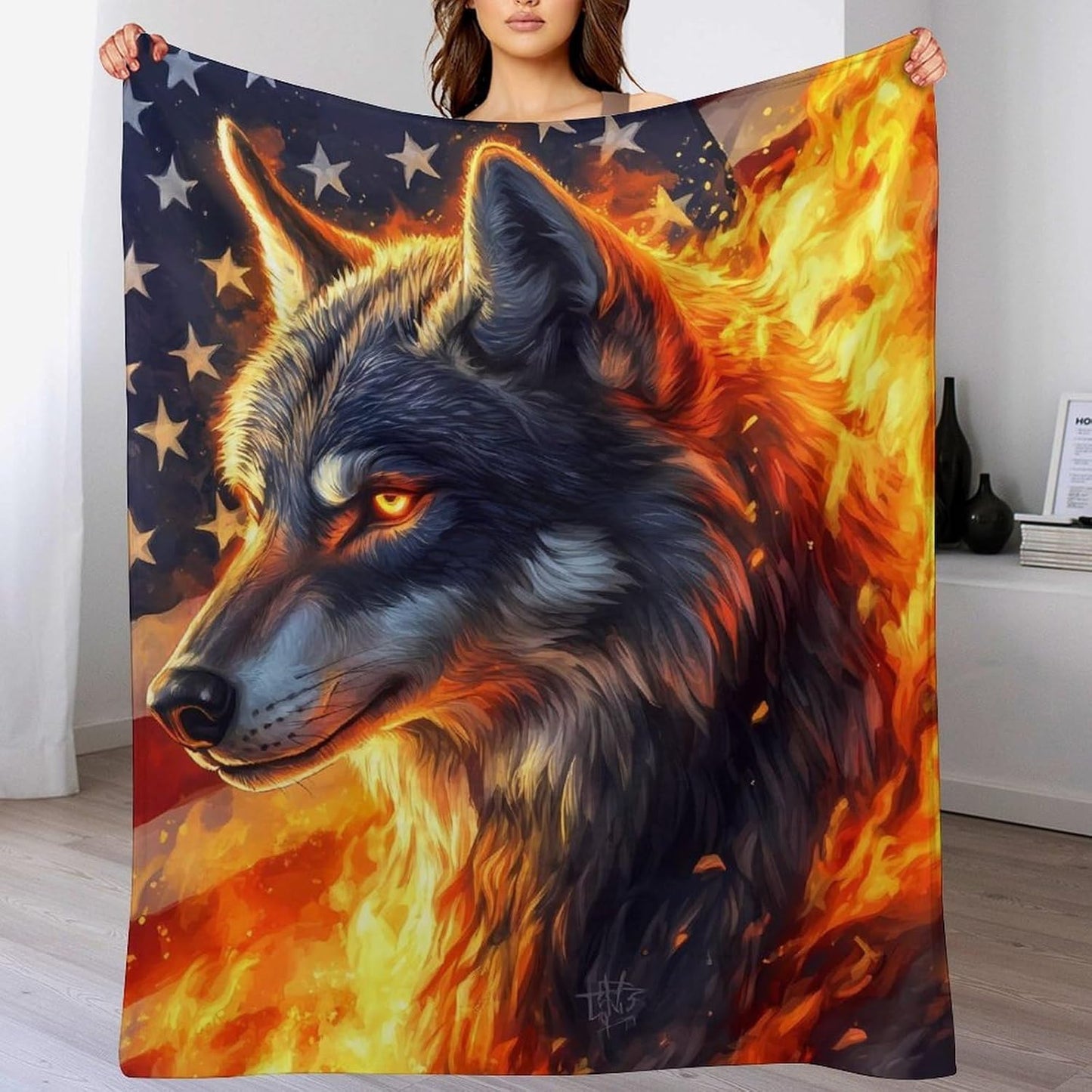Fire Wolfs Flag of USA Throw Blanket for Couch Bed Plush Cozy Fuzzy Flannel Blanket for All Season 50"x60"