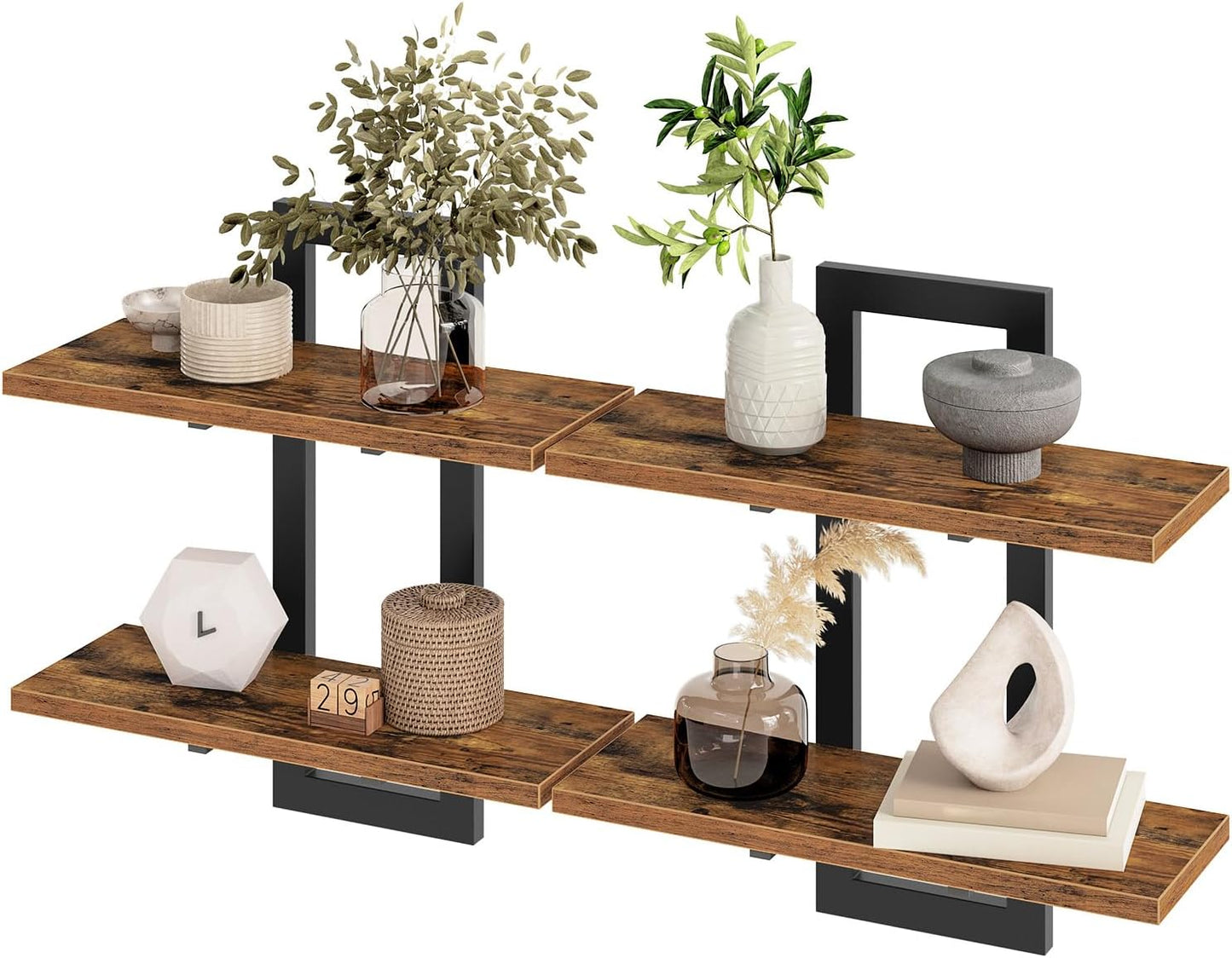HOOBRO Floating Shelves, 15 Inch Wall Shelf Set of 2, Wall Mounted Storage Shelves 2-Tier, Hanging Bathroom Shelves, for Living Room, Bedroom, Bathroom, Kitchen, Rustic Brown and Black BF32BJ01G1
