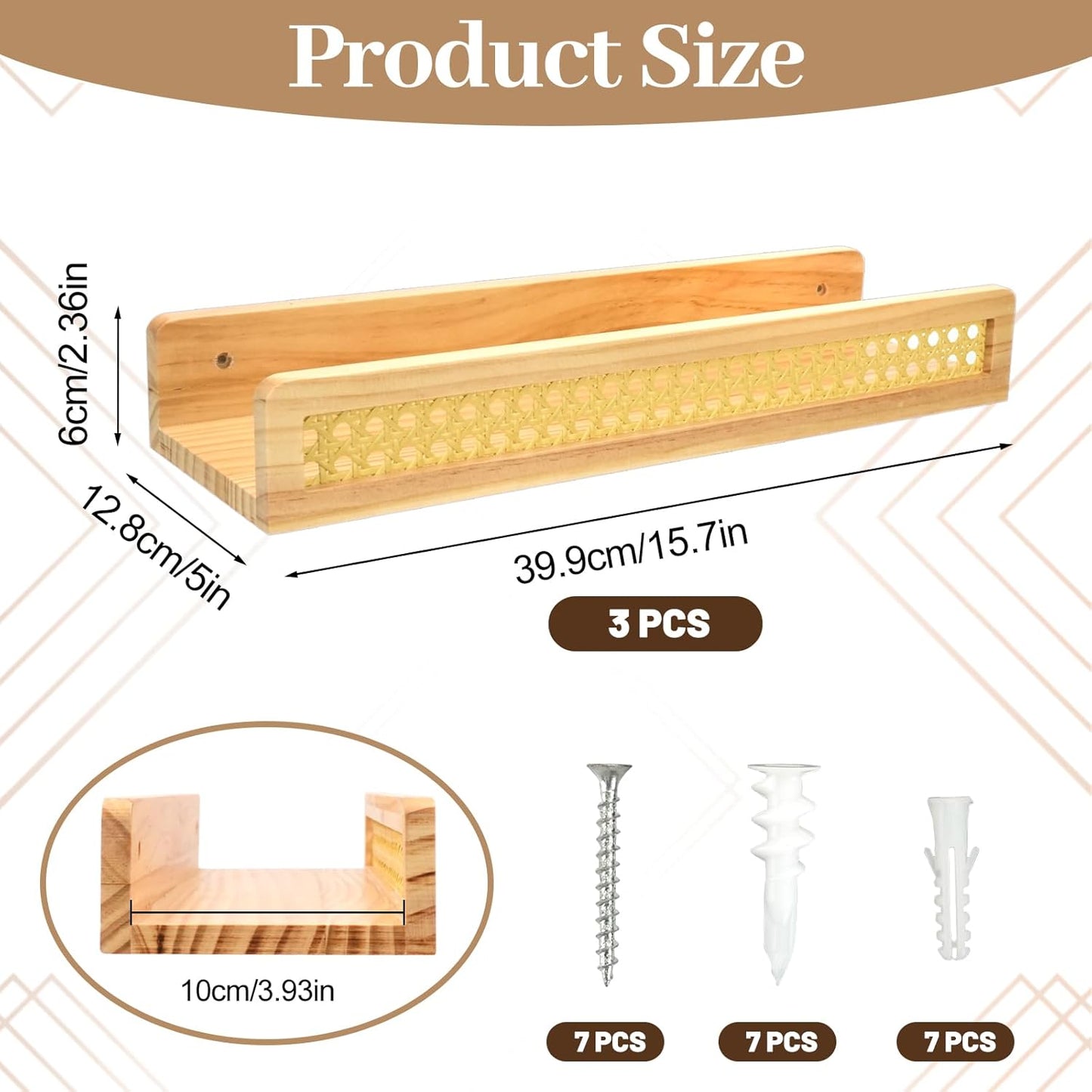 Zoyiancy 3 Pcs Rattan Wall Shelf, Natural Wooden Wall Mounted Floating Shelves, Decorative Picture Ledge Wicker Nursery Bookshelves for Bedroom, Kitchen, Living Room, Office