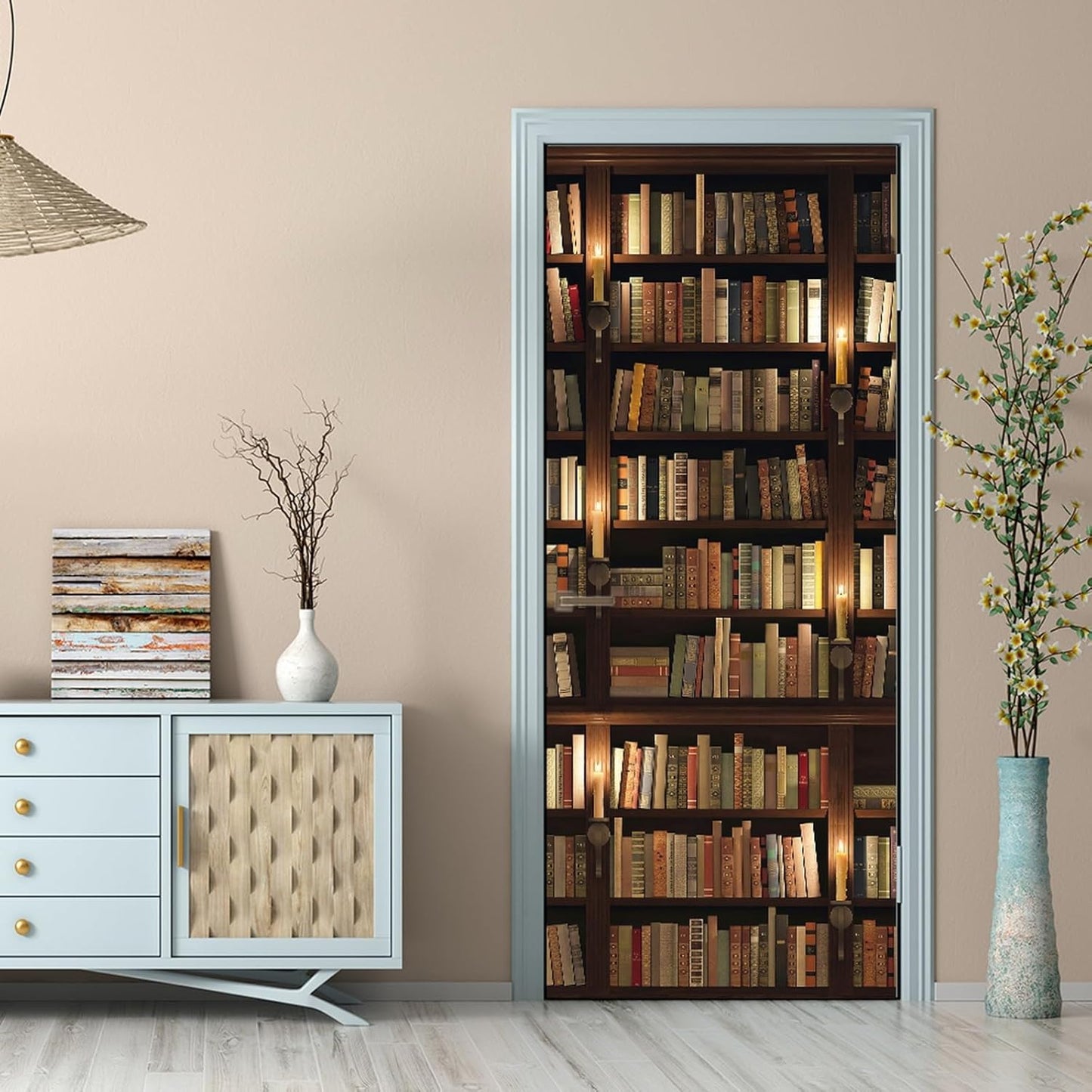 3D Door Stickers for Interior Doors Bookshelf Full of Old Books in Mysterious Library Vinyl Waterproof Self Adhesive Door Mural Decals for Bedroom Office Bathroom 77 x 200cm