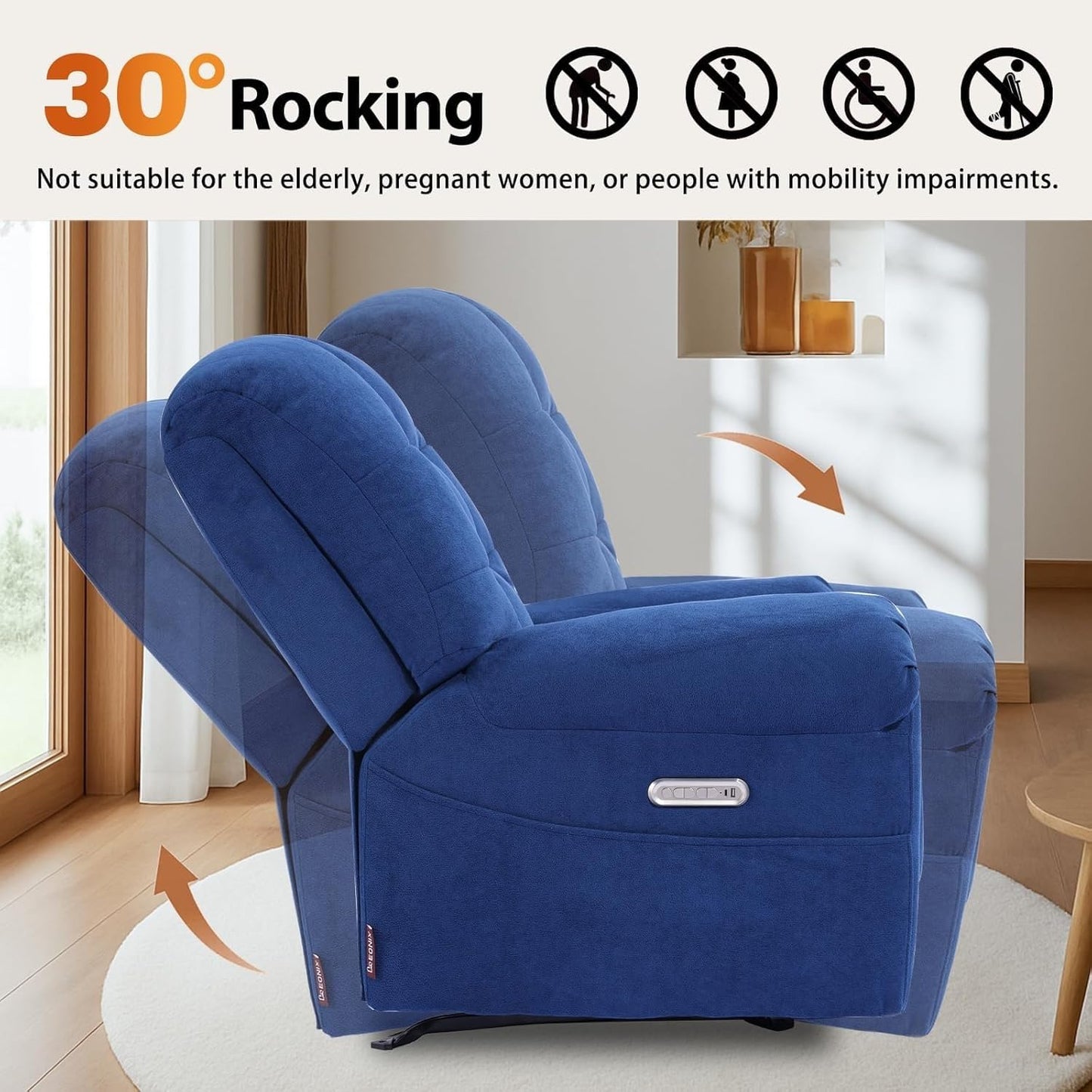 Blue Power Recliner Chair with 8-Point Massage Lumbar Heat Independent Backrest Footrest Control Electric Lift Recliners Chairs for Living Room Bedroom Study