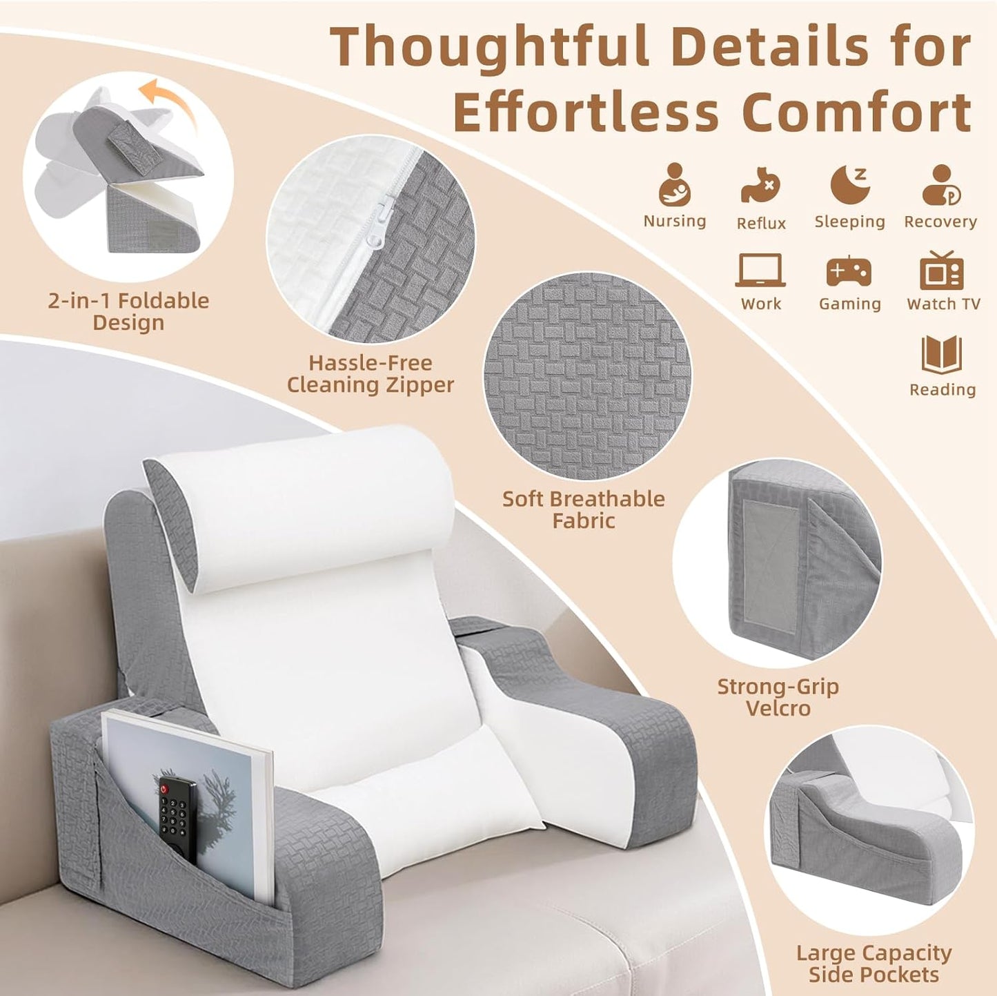 5PCS Reading Pillow for Sitting in Bed Adult, 2 in 1 Foldable Back Wedge Pillow for Sleep, Ergonomic Back Support Pillow with Arms for Watching TV, Gaming, Working, Recovery, 19” White/Grey