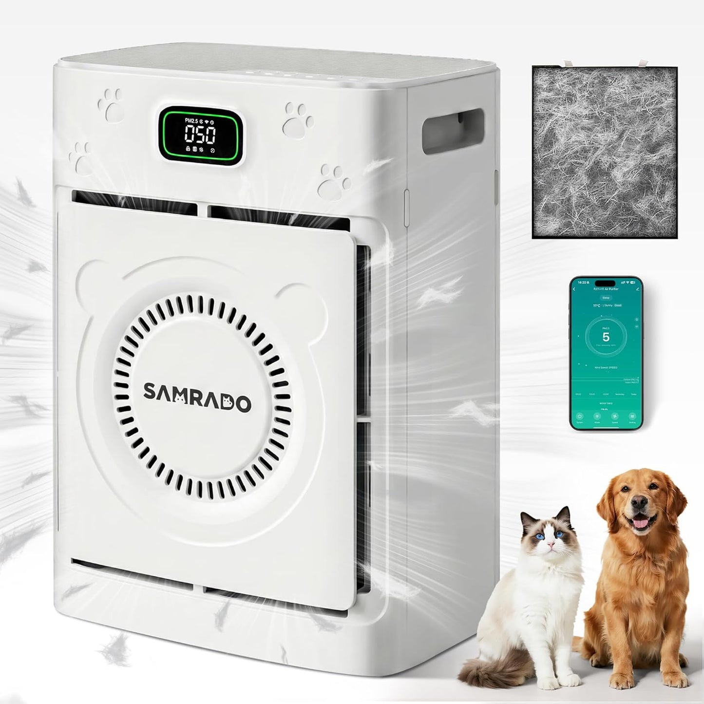 Smart Pet Hair Air Purifier For Home Large Room 2500 Sq Ft, True H13 HEPA Filter, Actively Sucks Up Dander Odor Smoke, Washable Mesh, WiFi App Control, White