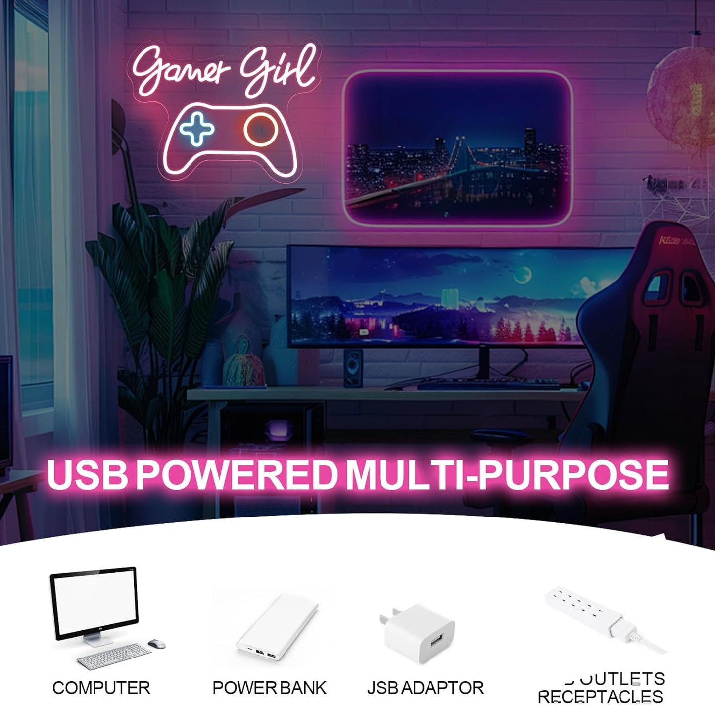 Gamer Girl Game Pad Neon Sign, Game Room Controller LED Neon Light Gamepad Wall Art Decor Home Bedroom Decoration Gift For Teen Boy Room Decor, Bar Decoration Best Gamer Gifts for Boys, Kids
