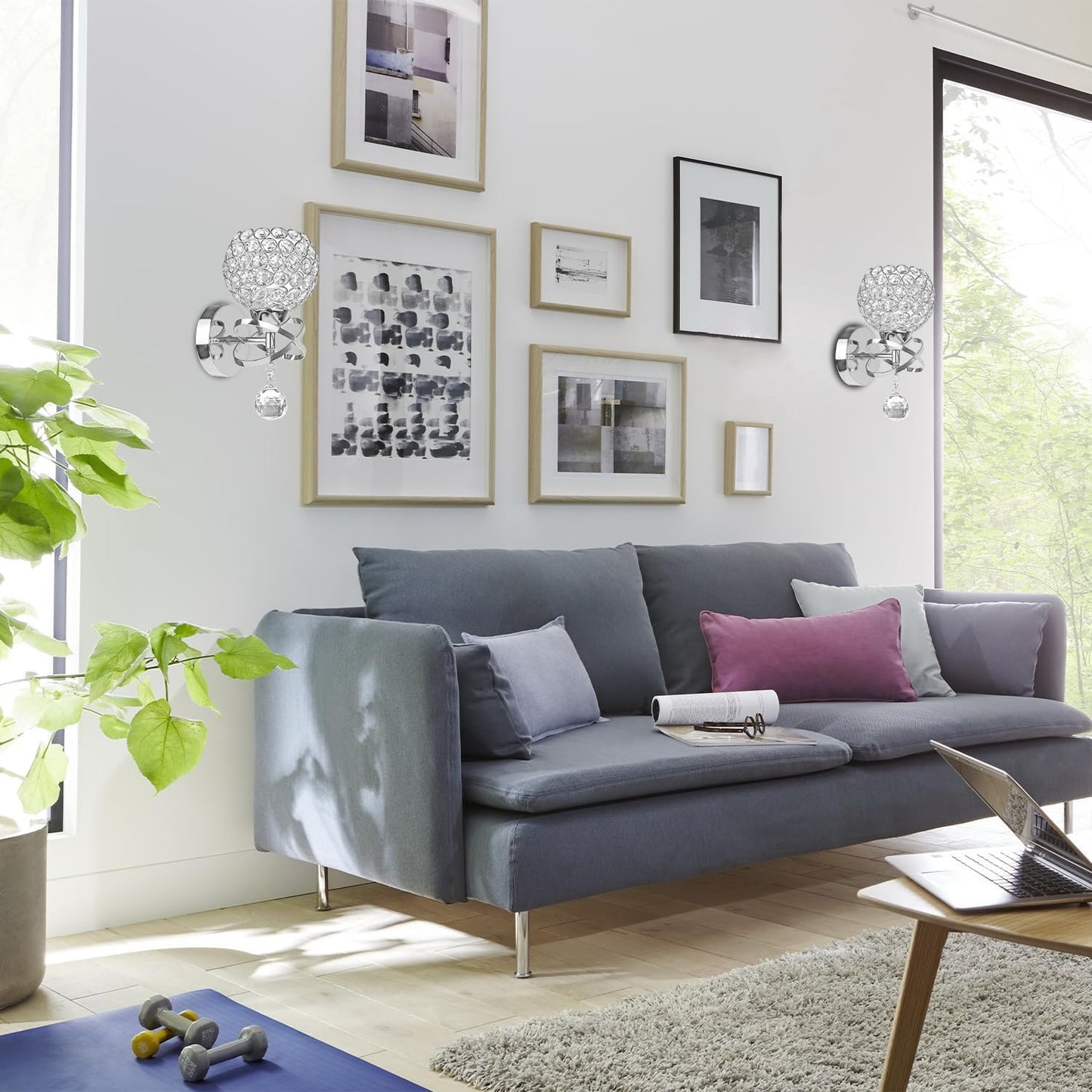 TISLYCO Silver Crystal Sconces - Modern Wall Lighting with Hanging Crystal Ball, Wall Mount Lamp for Bedroom, Living Room, Hallway