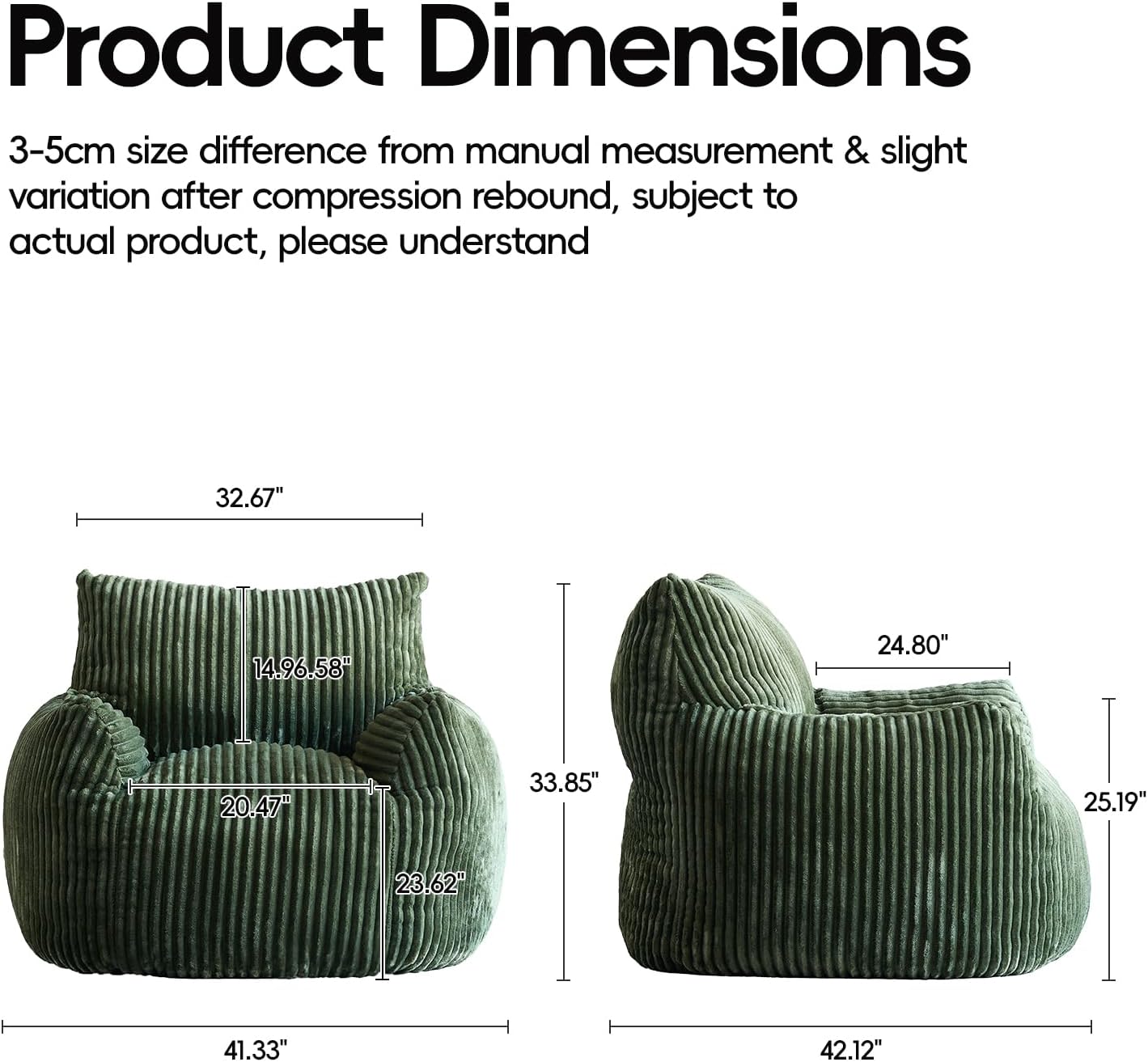 Giant Bean Bag Chair Sofa for Adults & Teens, Upgraded High Support Cushion with Solid Block Foam, Comfy Corduroy Lazy Sofa with Armrests for Living Room Bedroom Gaming Room (Green)