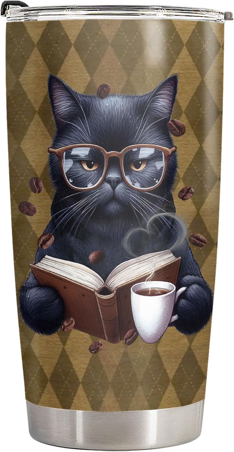 34HD Cat Bookish Tumbler 20oz Stainless Steel Insulated Travel Coffee Cup - Funny Book Lover Gift for Feline Mom on Birthday, Mother's Day & Christmas