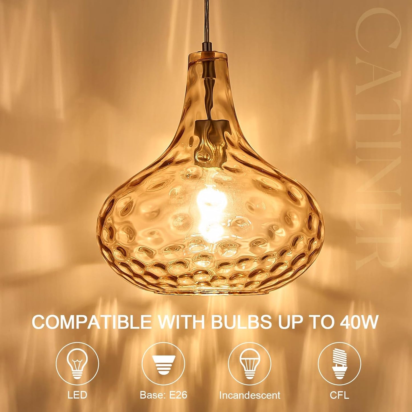 11" Amber Hammered Glass Pendant Light, Blown Glass Hanging Light Fixture with Brushed Nickel Finish, Vintage Modern Ceiling Light for Kitchen Island, Dining Room, Hallway, Living Room