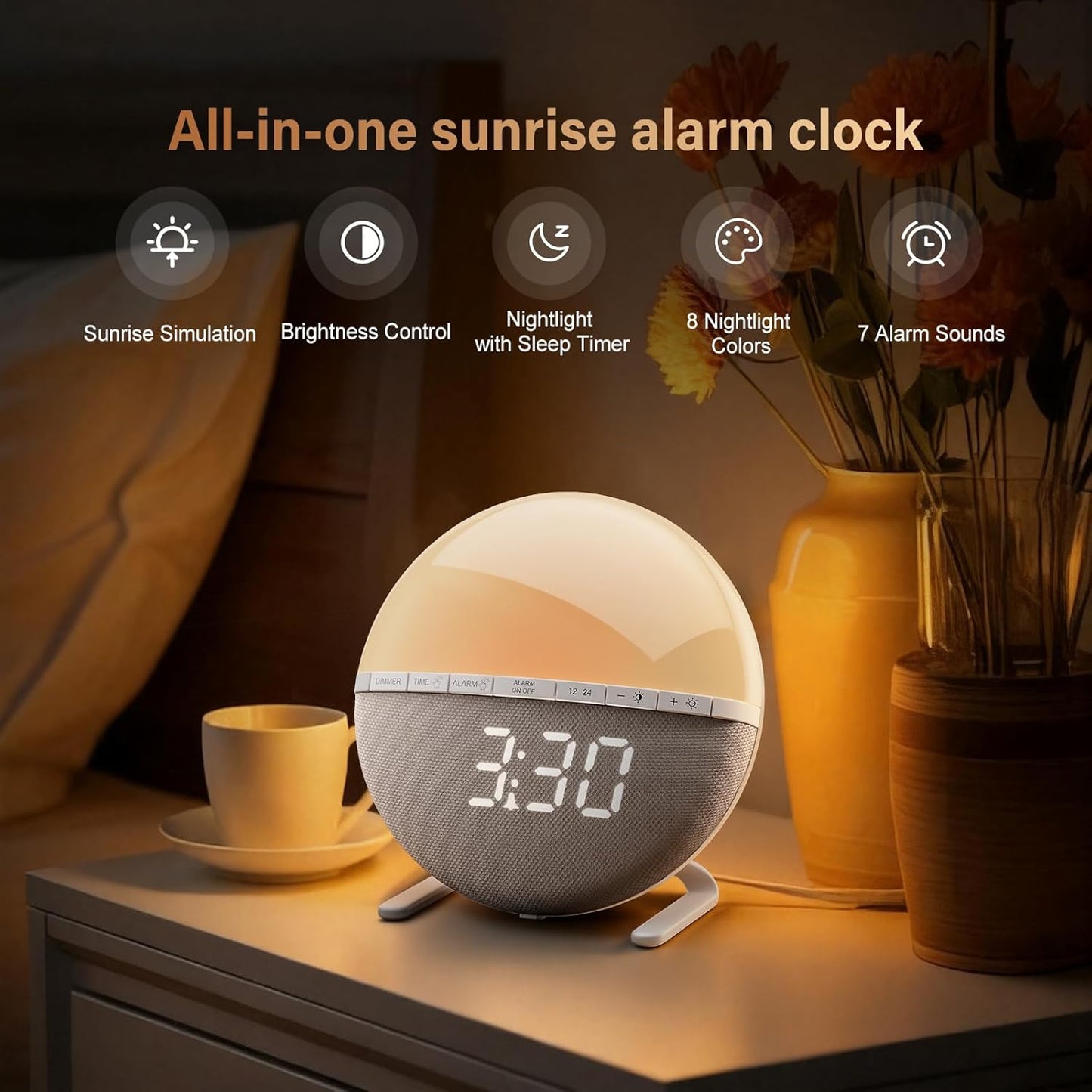 Sunrise Alarm Clock for Bedrooms – Gentle Wake Up Light with Soothing Night Light & Ambient Sounds, Alarm Clock for Heavy Sleepers, Shift Workers, Kids & Adult, Relaxing Bedside Lamp Gift