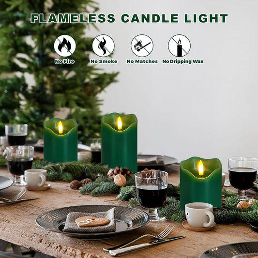 Flameless Candles Lights, Set of 3 Flickering LED Candles with Remote & Timer, Dimmable Electric Pillar Candles Battery Operated, Green Candles for Home St. Patrick’s Day Christmas Decor (Green)