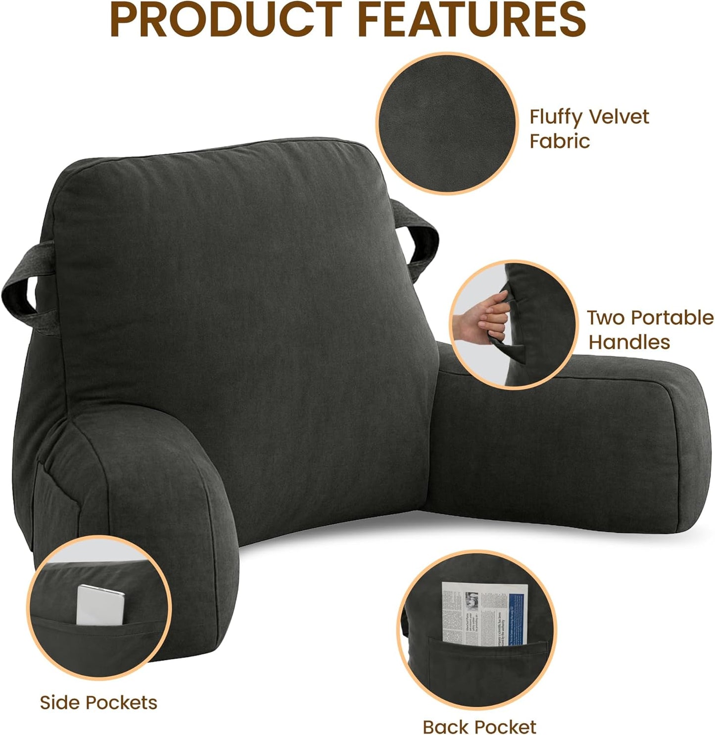 Portable Comfy Reading Pillows for Bed Sitting Up(Grey Oeko-Tex), Velvet Back Pillow with Arms & Pockets for Adults, Support Memory Foam Bed Pillow for Dorm/Reading/Watching/Gaming
