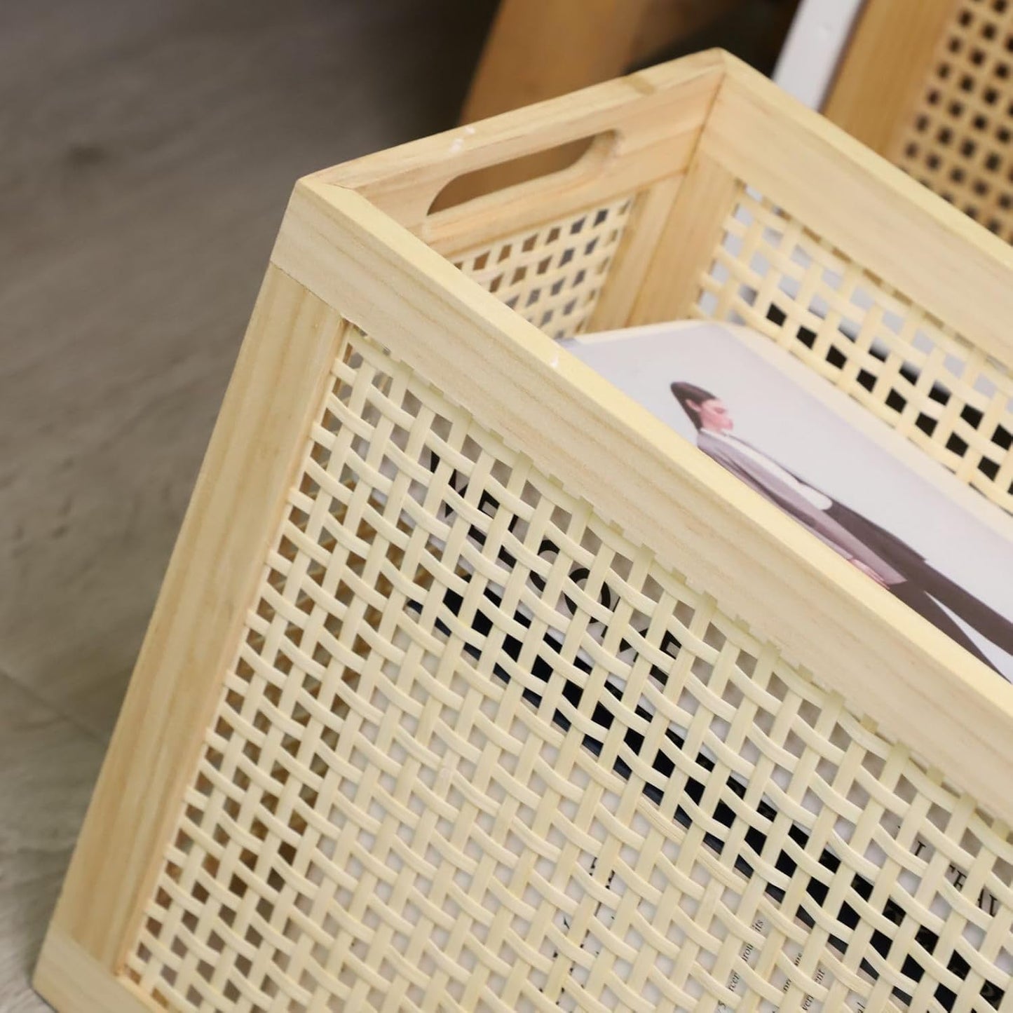 Wood Magazine Holder with Jute Rope Handles,Handcrafted Bamboo Toilet Roll Holder,Wicker Magazine Storage Organizer for Bathroom,Office and Desk -Rectangle- Natural- 15" D x 6.9" W x 11.8" H. (0.58)