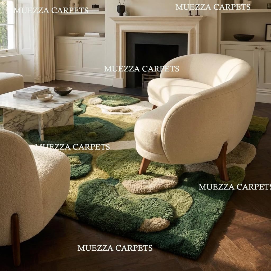 Hand Tufted Wool Abstract Area Rug 3x5 ft | Plush Modern Green Beige Accent Rug | Sculpted Organic Style