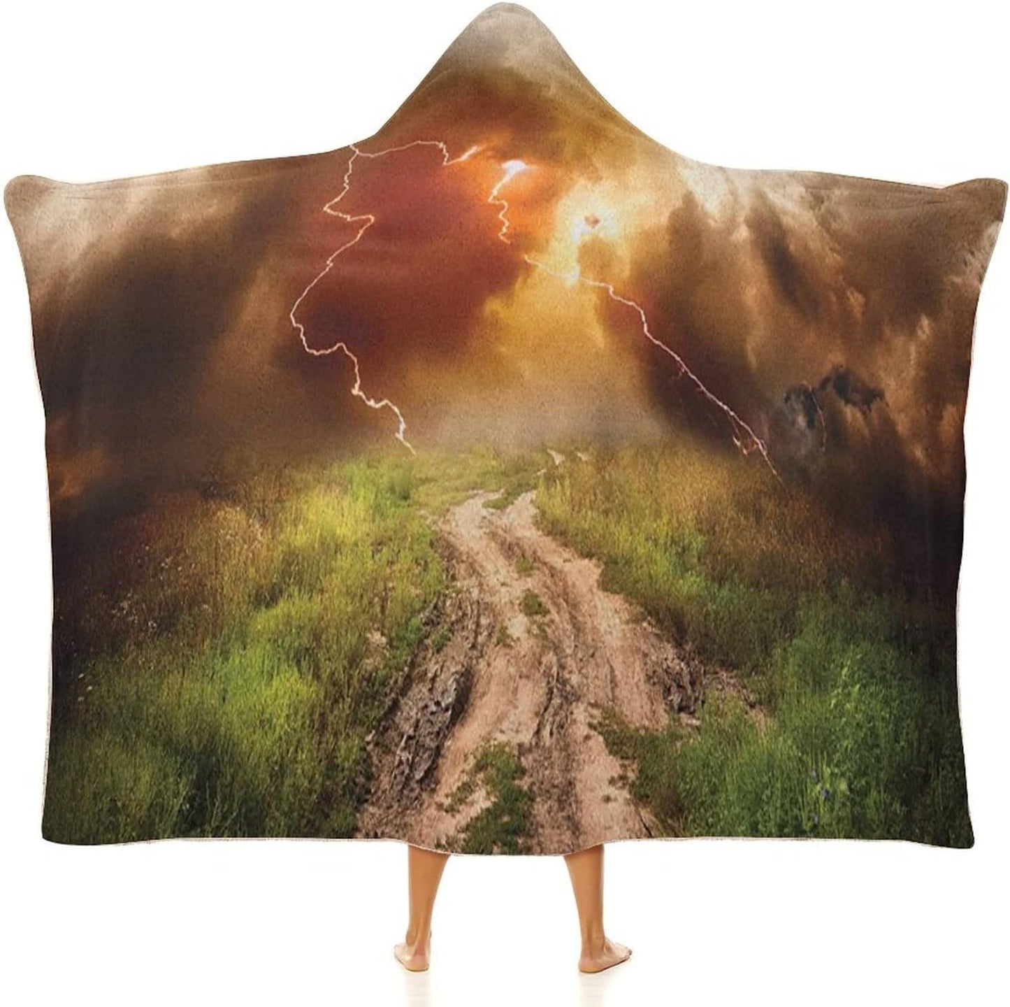 Throw Blankets, Nature Women Men Hooded Blanket, Dazzling Big Rain Cloud Over Earth Path Road, Soft Warm Cozy, 60 x 80inches, Studying Reading Snuggling Napping Office, Multicolor