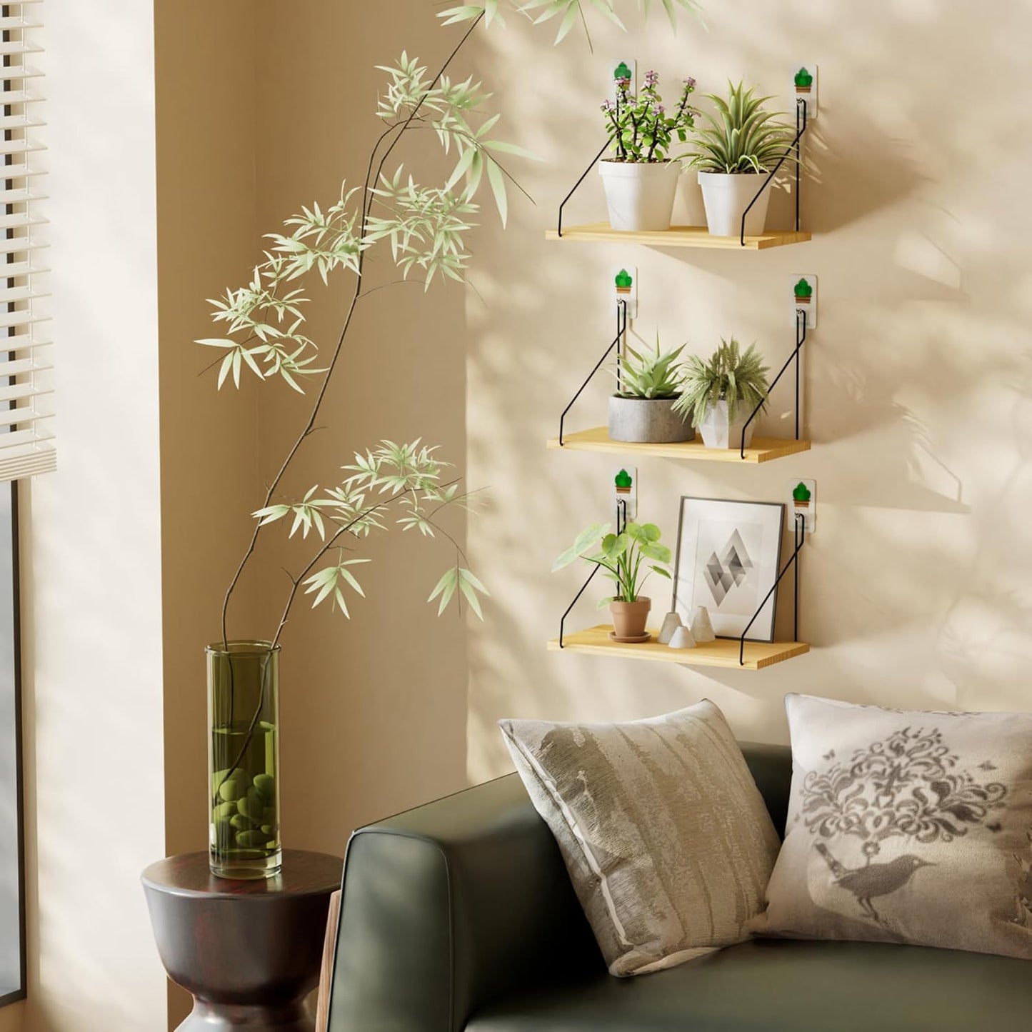 Elevate Your Space with Rustic Wood Floating Shelves Set of 3- Perfect for Bedroom, Living Room, Bathroom, and Kitchen Decor - Easy Installation, No Drilling Needed!