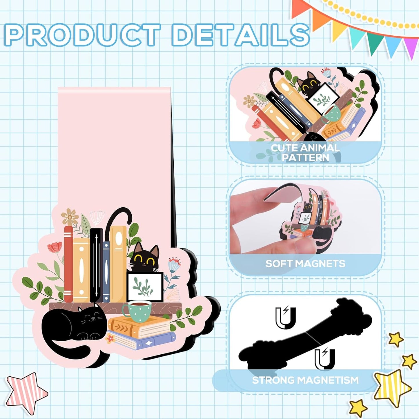 Black Cat Magnetic Bookmarks - 8 Pcs Floral Magnetic Bookmark Plant Bookmark Magnets Page Clip Gifts Book Mark Magnets Cat Lover Gifts for Book Lovers Students Teacher Reading Book Mark