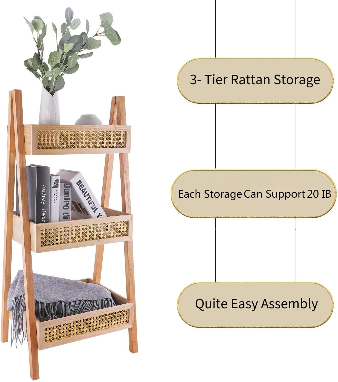 ZYBT Ladder Bookshelf, 3-Tier Rattan Bookshelf, Free Standing Bookcase, Blanket Ladder, Wood Organizer Storage Shelves for Living Room Bedroom Kitchen Balcony and Home Office
