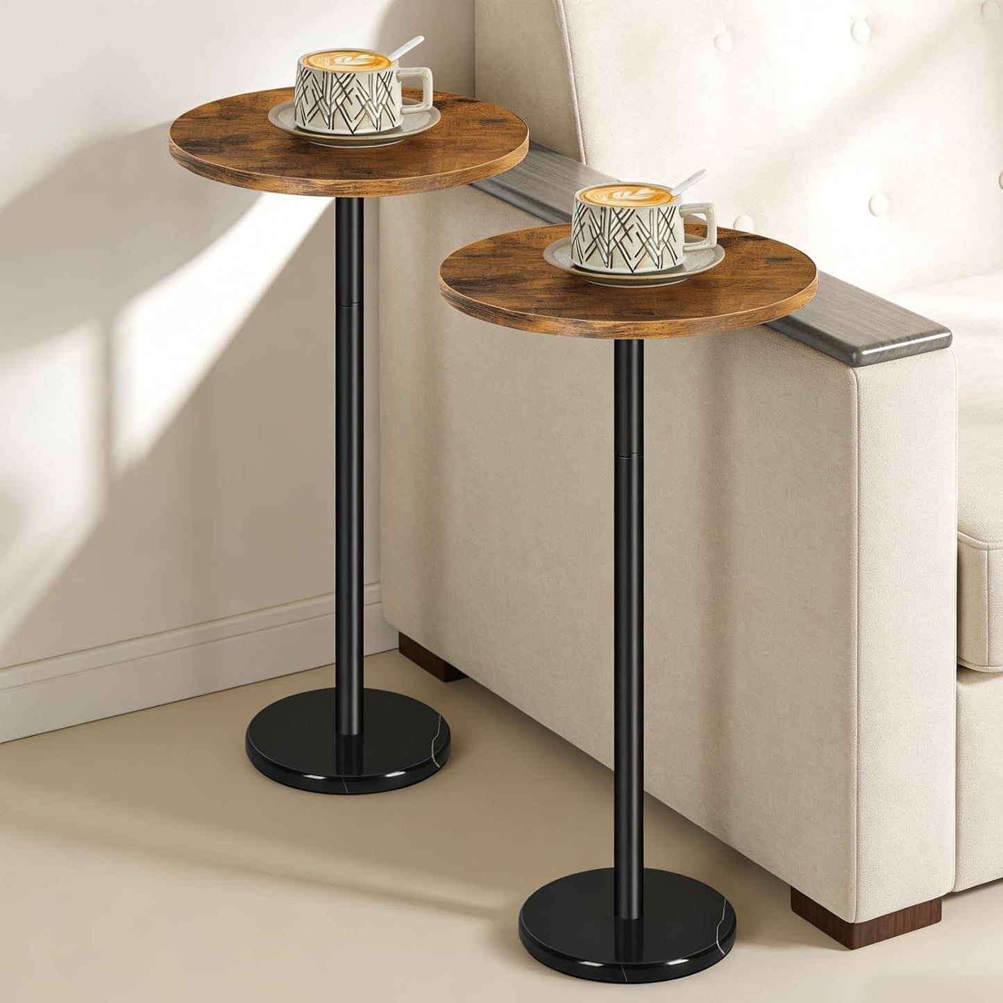 smusei 2 Pack Small Round Side Table Drink Table with Marble Base Pedestal Table for Small Spaces Round End Table for Living Room Bedroom Home Decor, Brown
