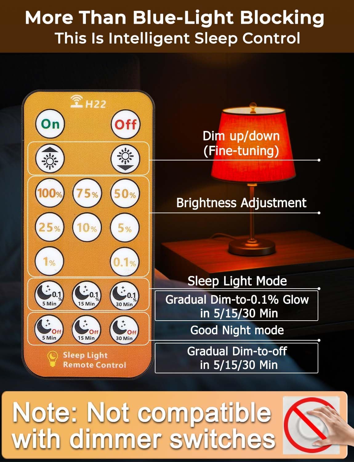 Amber Sleep Light Bulbs 1600K with Remote Control, E26 Blue Light Blocking A19, 9W for Sleep Therapy, Baby Nursery, Bedroom (4 Packs)