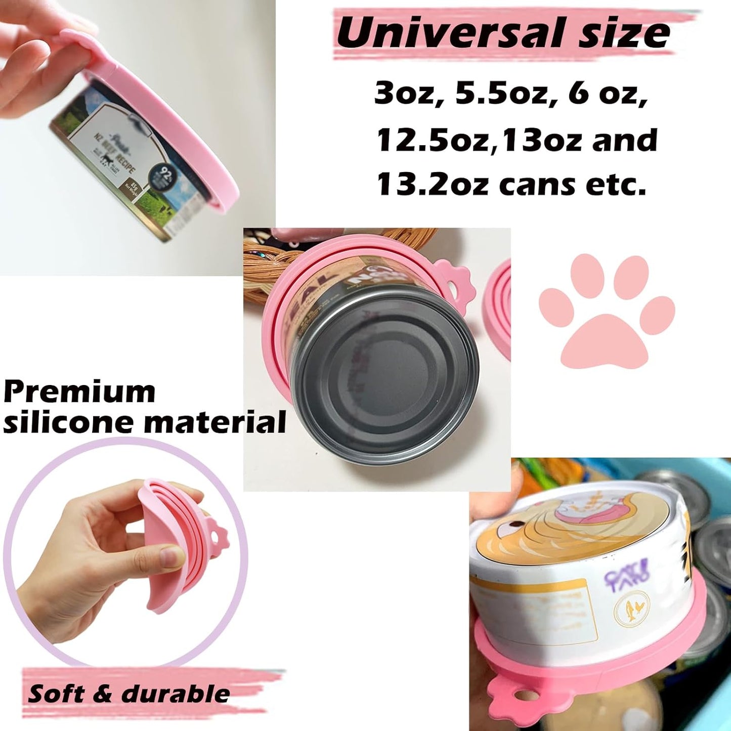 3 Pcs Pet Food Can Lids & One Can Spoon | Cute Paw Shape Opener Spatula Cat Wet Food Spoon | Universal BPA Free Silicone Covers for Dog Cat Cans(Pink)