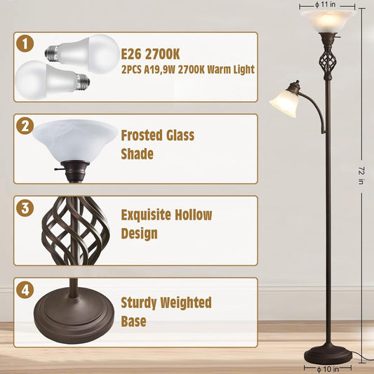 GyroVu Torchiere Floor Lamp for Living Room, LED Standing Reading Light for Bedroom with Glass Shade for Living Room Corner Bedroom Home Office,Bulbs Included (Red Brown,Glass 2 Head)