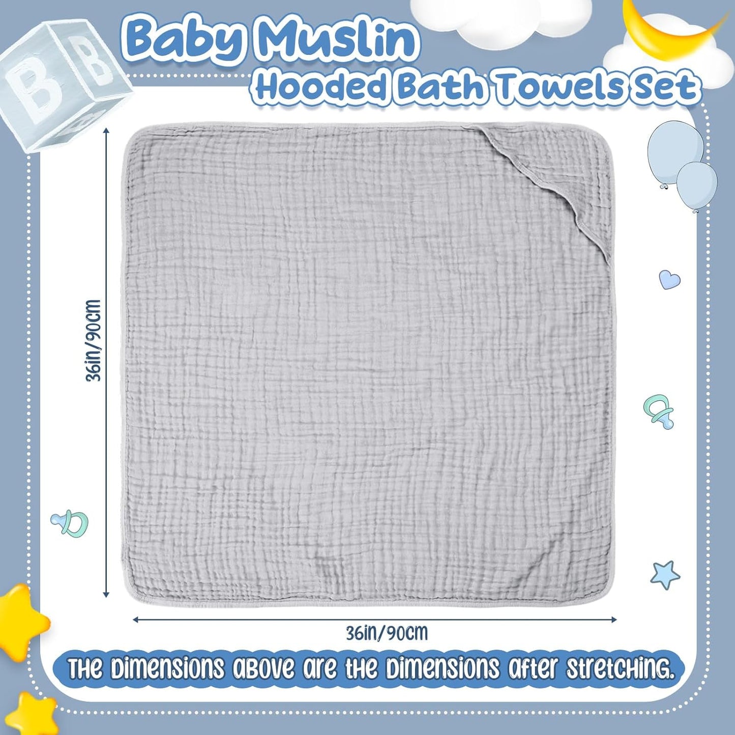Breling 3 Pcs Muslin Hooded Baby Towels, 32 x 32 Inch Cotton Newborn Bath Towel Muslin Infant Baby Absorbent Blankets Unisex Newborn Registry Gift Essentials for Boys Girls (Light Gray)
