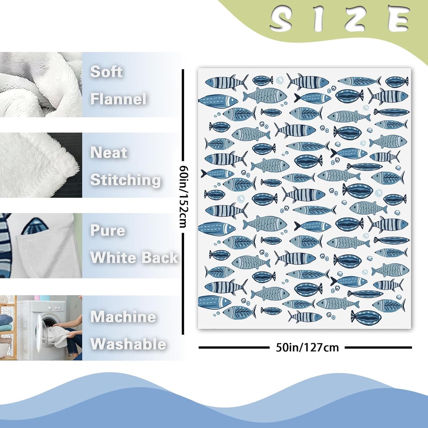 Coastal Blue Fish Theme Flannel Throw Blanket, Sea Ocean Birthday Gifts for Adults Kids Men Women, Beach Nautical Soft Blankets for Bedding Sofa 50" x 60"
