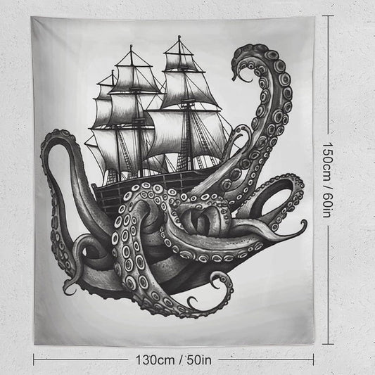 FodPand Black And White Octopus And Ship Tapestry Anti-fading Wall Tapestry with Installation Kit Backdrop Banner Multipurpose Aesthetic Tapestries Boho Wall Art Hanging Decorative Blanket 50"x60"