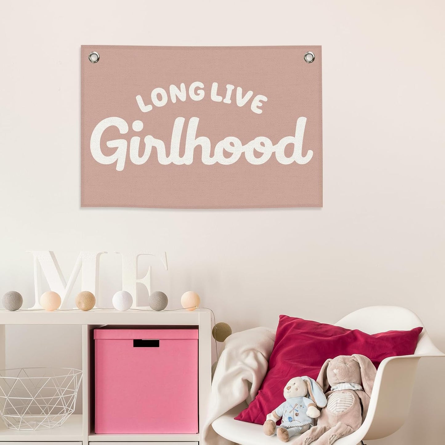 Long Live Girlhood Girls Kids Banner Canvas, Girly Toddler Room Decor, Boho Pink Playroom Hanging Flag Sign, Nursery Preppy Wall Tapestry Art for Baby Shower Classroom Bedroom Decor 20x30in