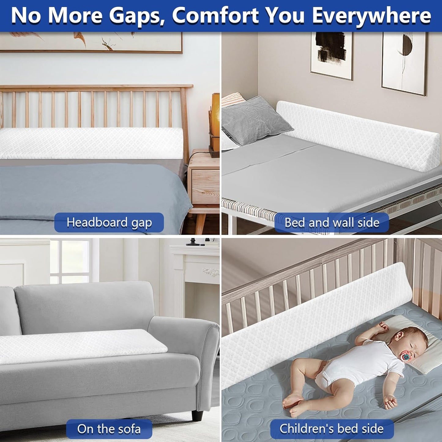 Kayfia King Size Bed Wedge Pillow for Headboard Bed Gap Filler with Pocket Close Gap (0-8") Prevent Pillow Loss Triangle Foam Mattress Filler for Gap Between Wall and Mattress (White, 76"x10"x6")