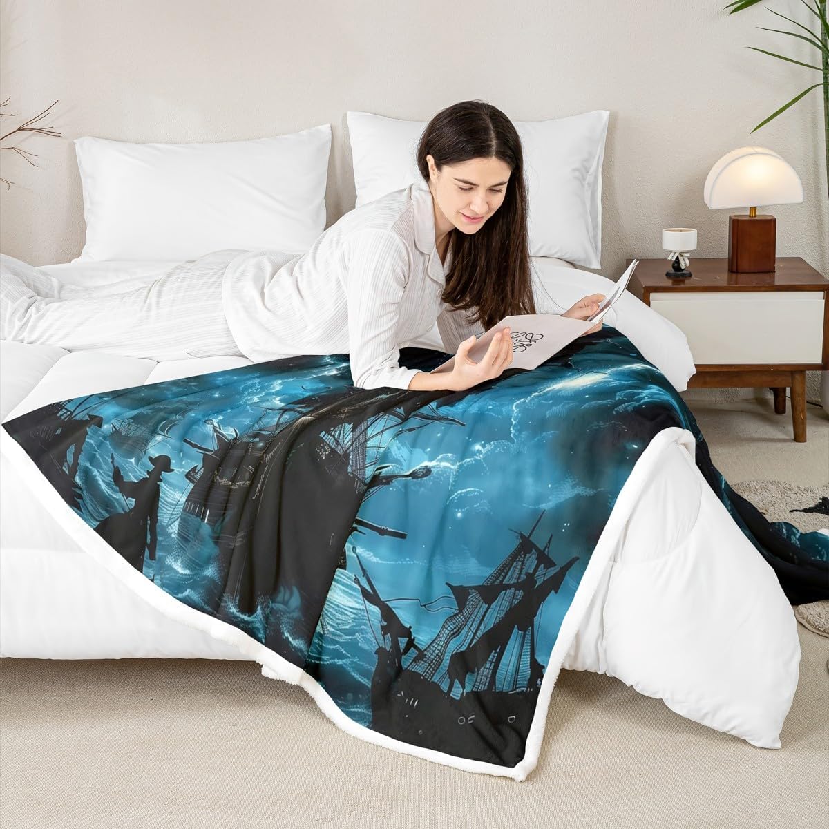 Pirate Skeleton Blanket,Nautical Adventure Throw Blankets for Kids Boys Girls,Modern Abstract Pirate Ship Super Soft Wrinkle Sherpa Blanket,Queen 90x90,Living Room Decor,Cozy,Plush,Lightweight