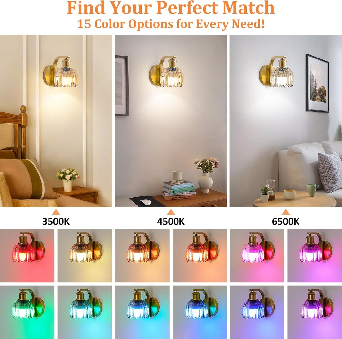VerRon Rechargeable Battery Operated Wall Sconce Set of Two with Amber Glass Lampshade, Wireless Wall Scone Decor with Remote Control, 15 Colors Gold Wall Light for Bedside Hallway Bedroom Doorway