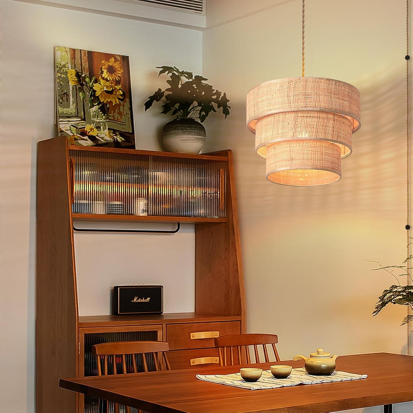 Rattan Plug in Pendant Light, 3 Tier Plug in Chandelier with Boho Wicker Lampshape Hanging Lamp, Hanging Lights with Plug in Cord for Living Room Bedroom Dinning Island,16.4ft Cord