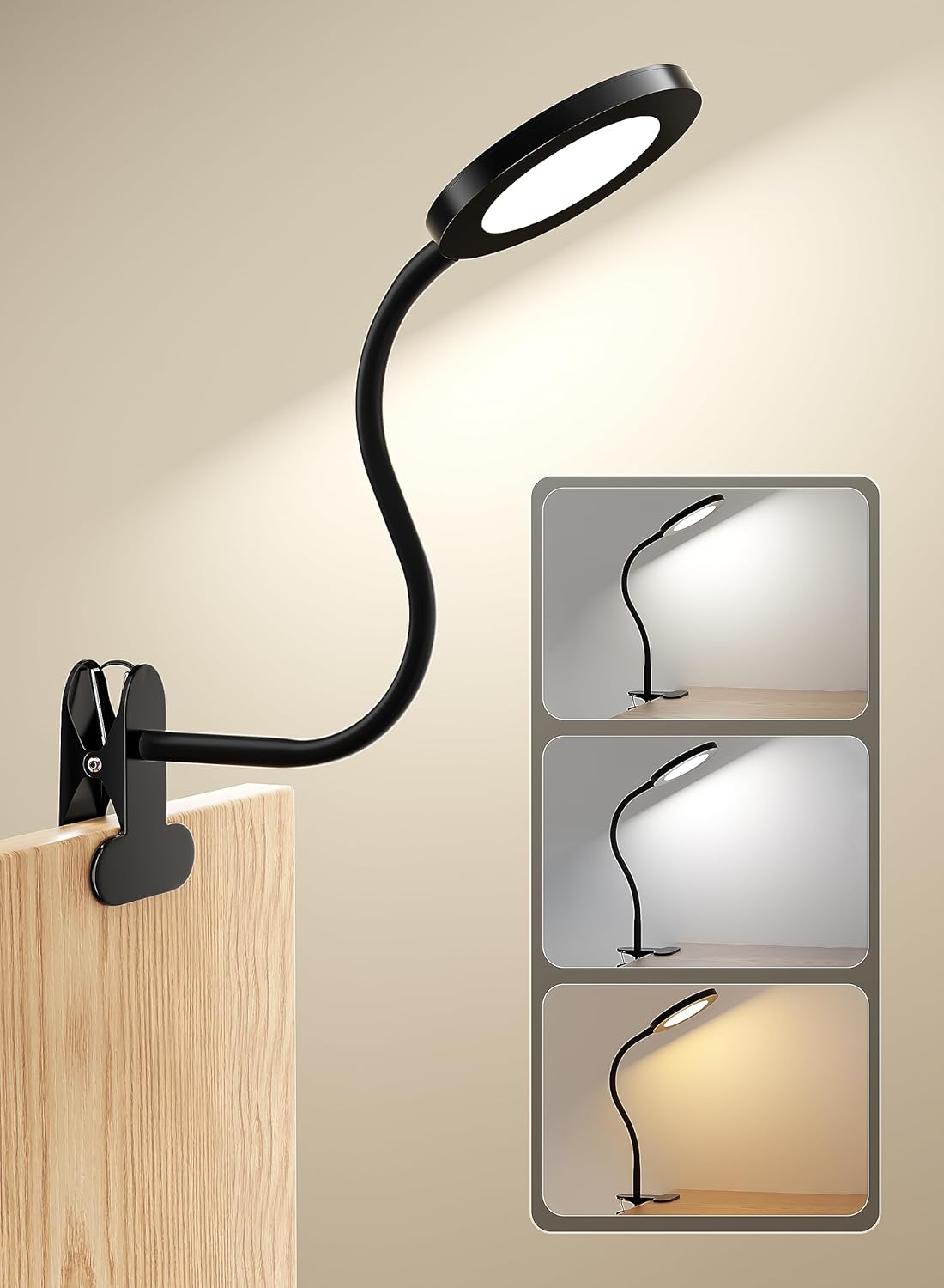 Clip on Light Infinite Dimmable Reading Lights for Books in Bed Headboard, 450LM Touch Control Clip Reading Lamp, Eye Care 3 Color Temperature Flexible Head Rotation for Bedside Night Light Black