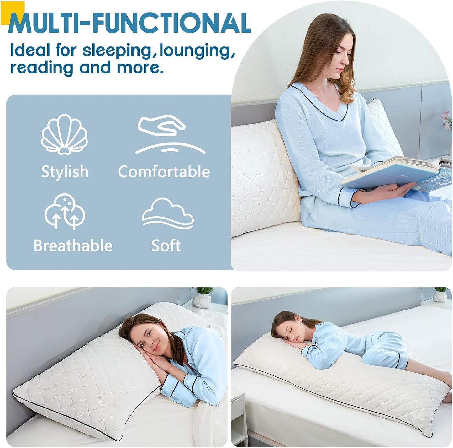 MAGIC ELEPHANT Body Pillow, Memory Foam Body Pillow for Adults, Long Pillow for Bed and Sleeping, Full Long Bed Pillow (White-Without Cover, 20x54 Inch)