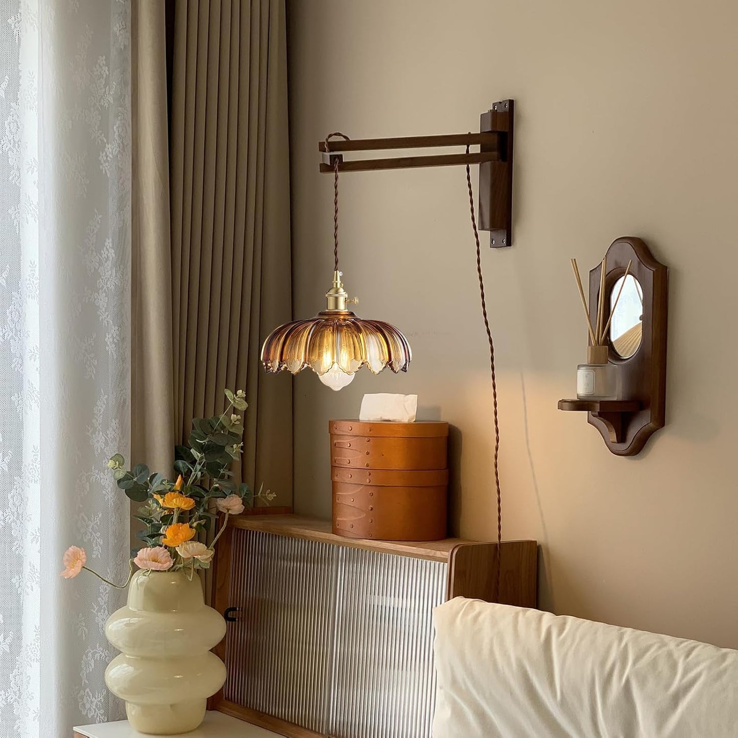 Plug in Pendant Light: Amber Glass Hanging Lamp Plug in, 14.7ft Swag Lamp Cord with On/Off Switch for Kitchen Island/Dining Room/Bedroom/Living Room Hanging Light, No Bulb