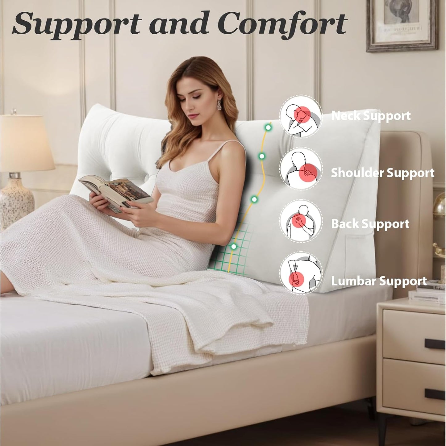 Headboard Wedge Pillow,Queen Bed Wedge Pillow for Headboard,Backrest Pillow for Beds,Reading Pillows for Sitting in Beds Adult,Bolster Pillow for Bed with Removable Cover(White,Size:60x8x20