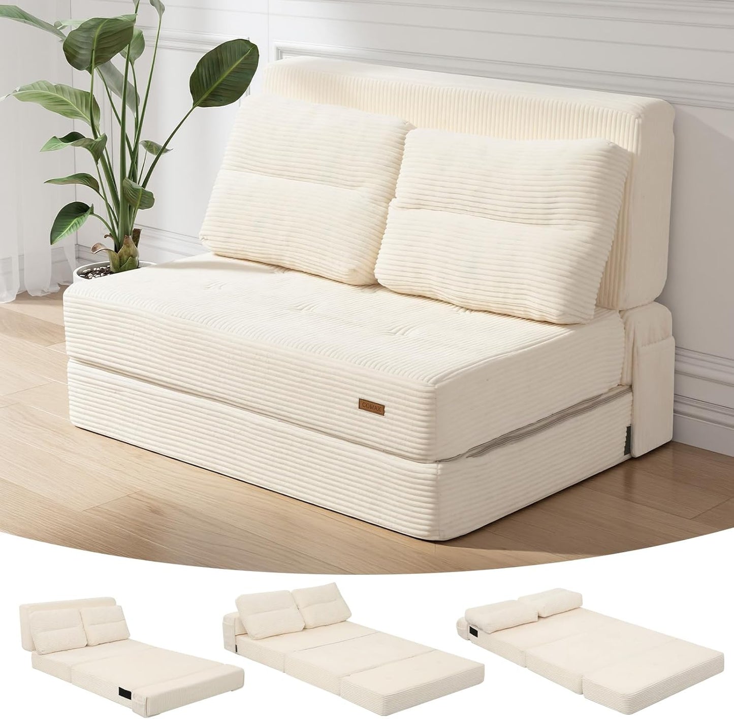 COMAX Folding Sofa Bed, Foldable Couch for Bedroom, Convertible Floor Sleeper Futon Chair Foam, Corduroy 3 in 1 Fold Out Chair Portable Comfy Lounge Couch Sofa Bed for Small Space, Twin, Beige