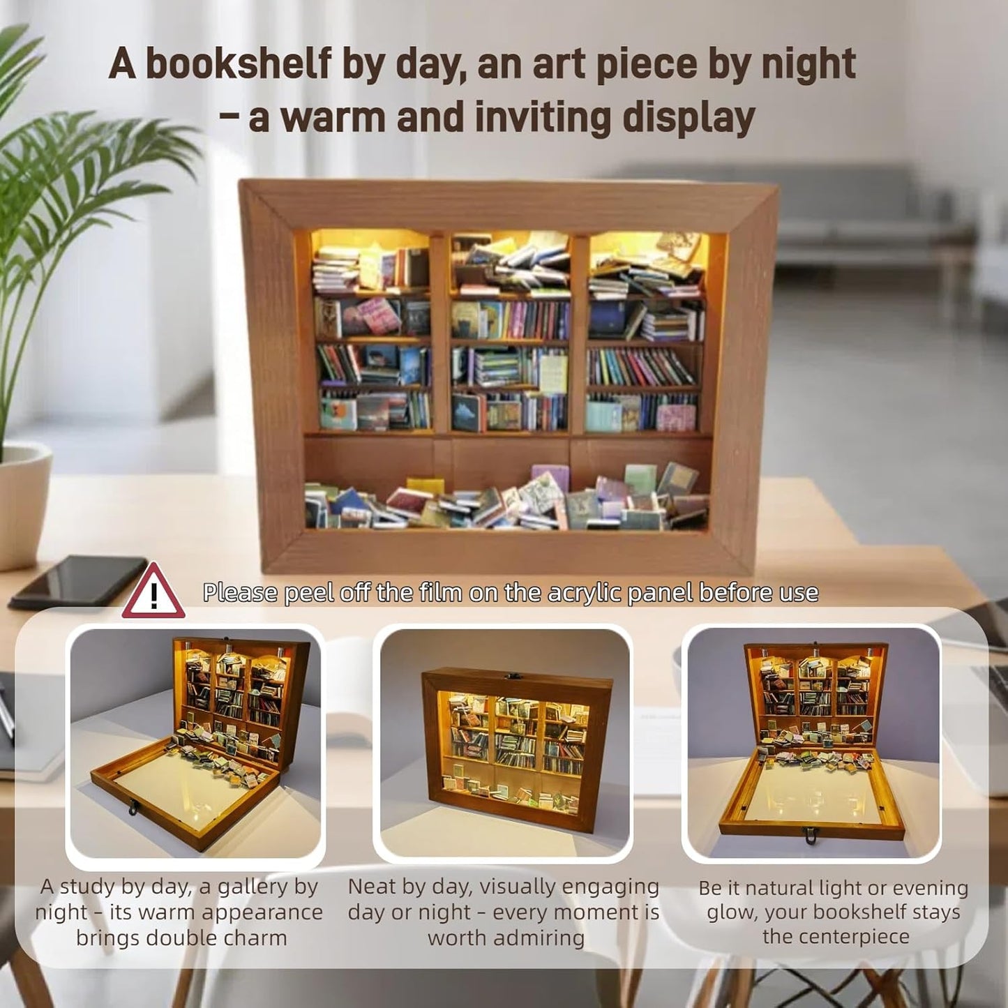 Anxiety Bookshelf with 6 Decorative Mini Lights and 400 Mini Book Pieces, Miniature Bookshelf, Book Organizer for Office Desk, Library Decor for Tiny Home and Bookish Spaces, 10.2 x 9.1 x 3.1 in