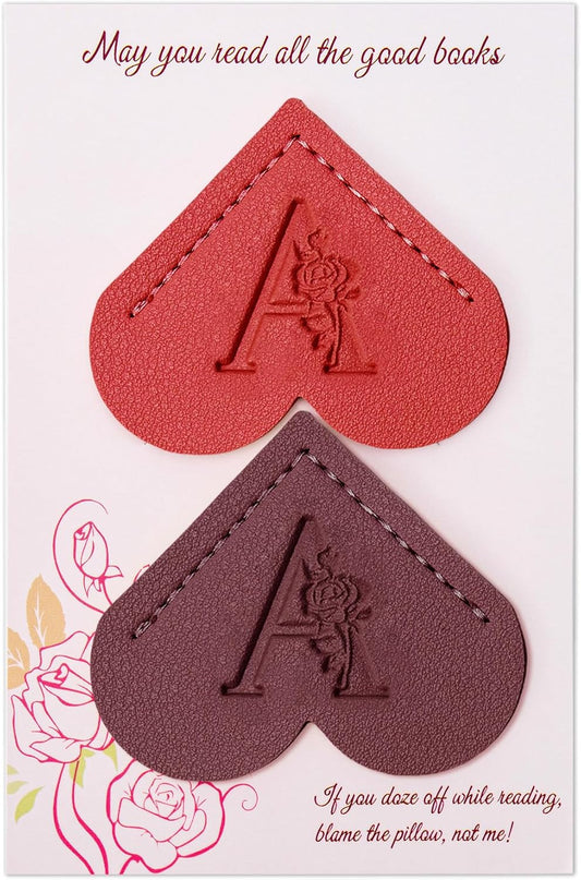 2Pcs Personalized Heart Leather Cute Bookmarks, Custom Initial Bookmarks Corner Book Mark Reading Accessories Christmas Small Gifts Stocking Stuffers for Women Readers Book Lovers Teachers, A