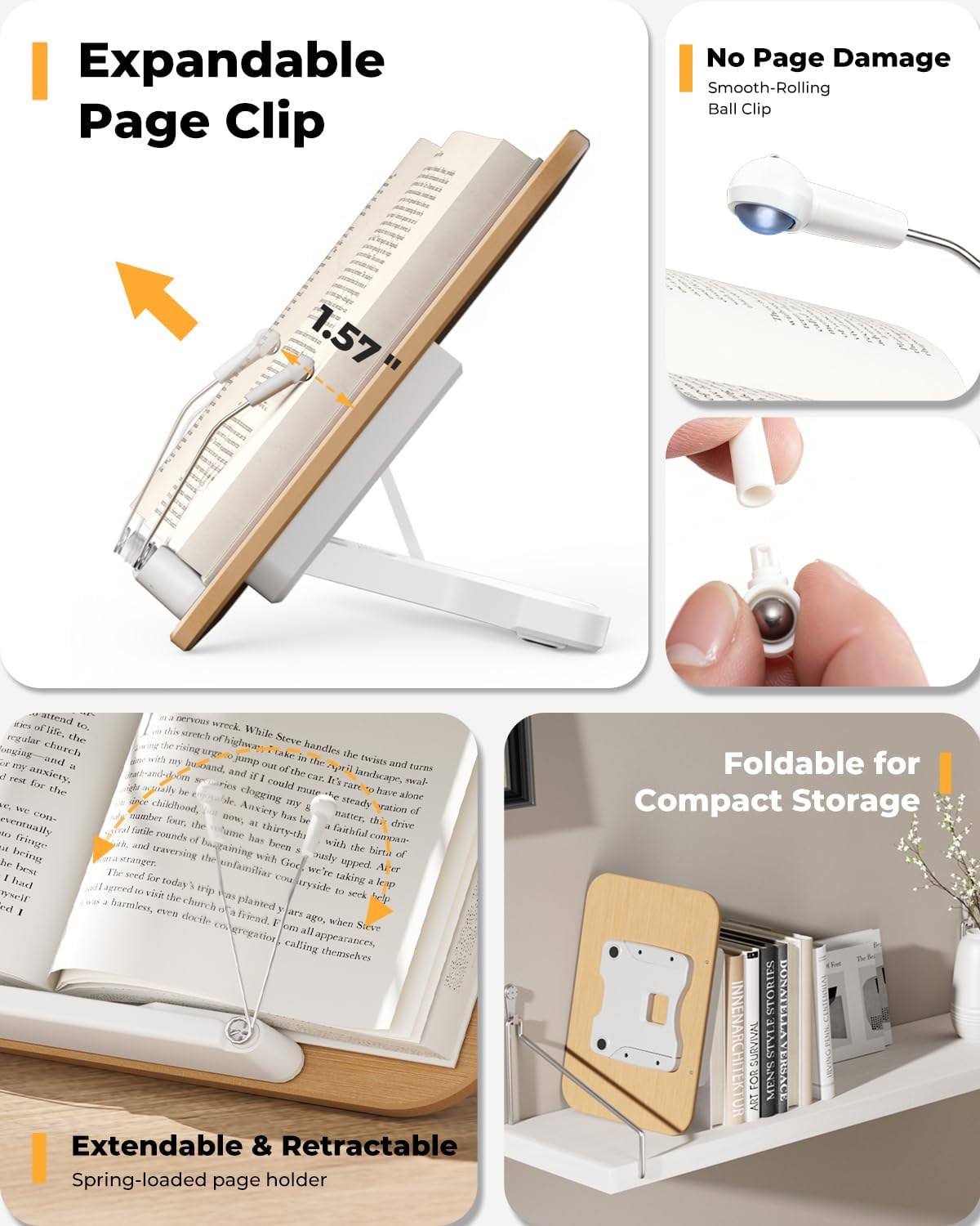Adjustable Book Stand for Reading, 13 Height Levels Book Holder, Hands-Free Desktop Book Stand with Page Clips, Foldable Book Stand for Textbooks, Cookbooks, Tablets & Study