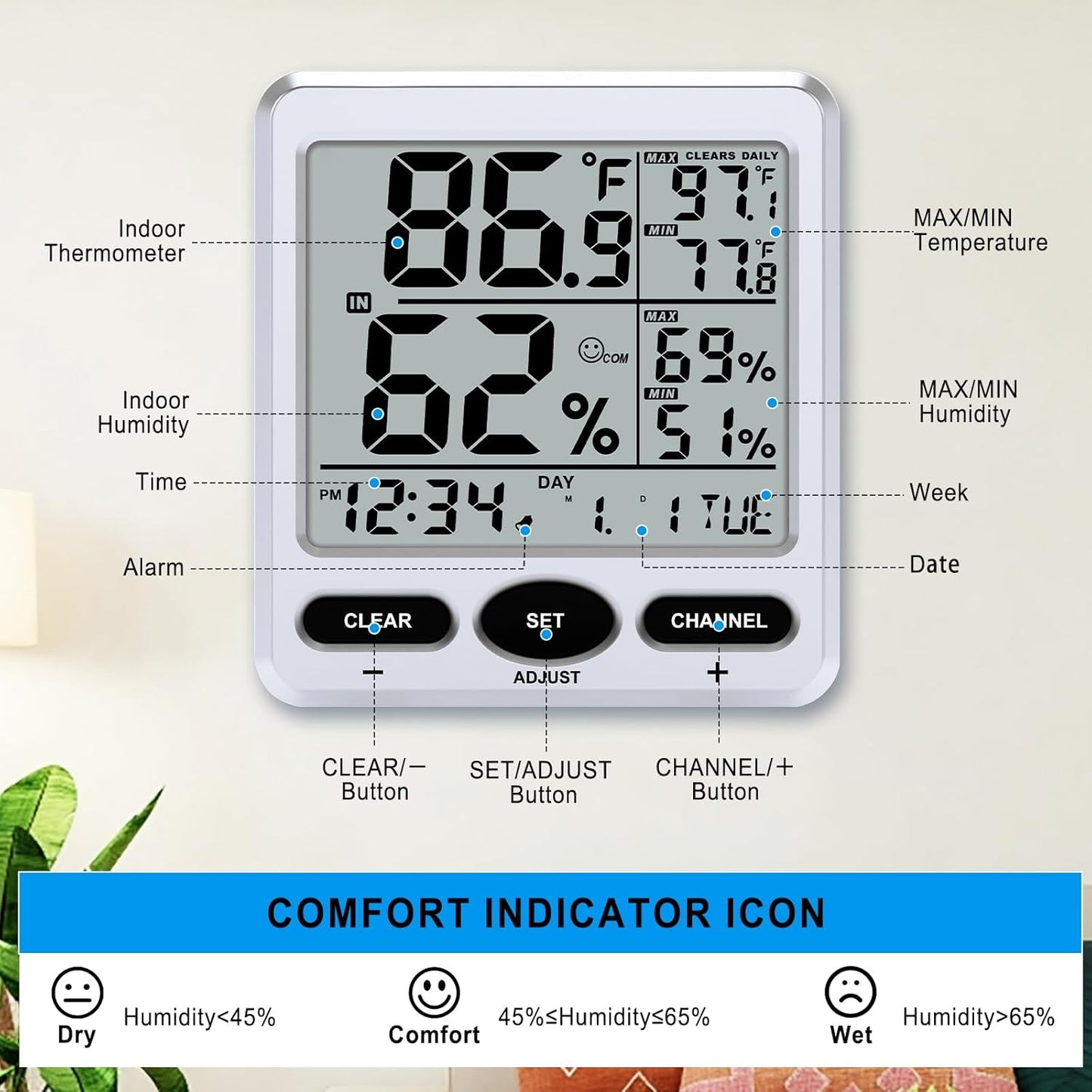 Urageuxy Hygrometer Thermometer Room Temperature Humidity Meter with Large Display, Min/Max Records, Alarm Clock, Time for Home, Greenhouse, Baby Room, Office, Cellar