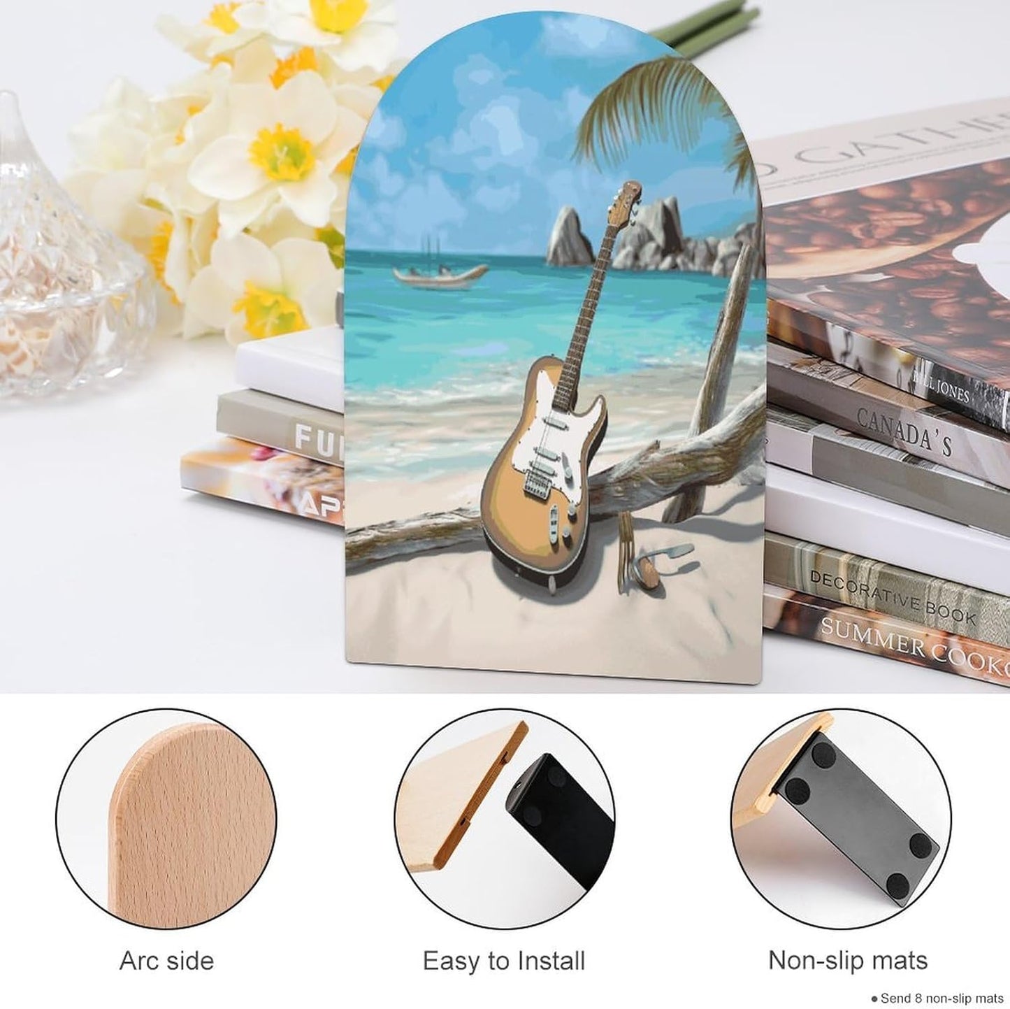 Non-Slip Bookend for Shelves Guitar on The Beach Wooden Bookends with Metal Base Decorative Book Stopper for Home Heavy Duty Wood Book Storage for Books/CDs