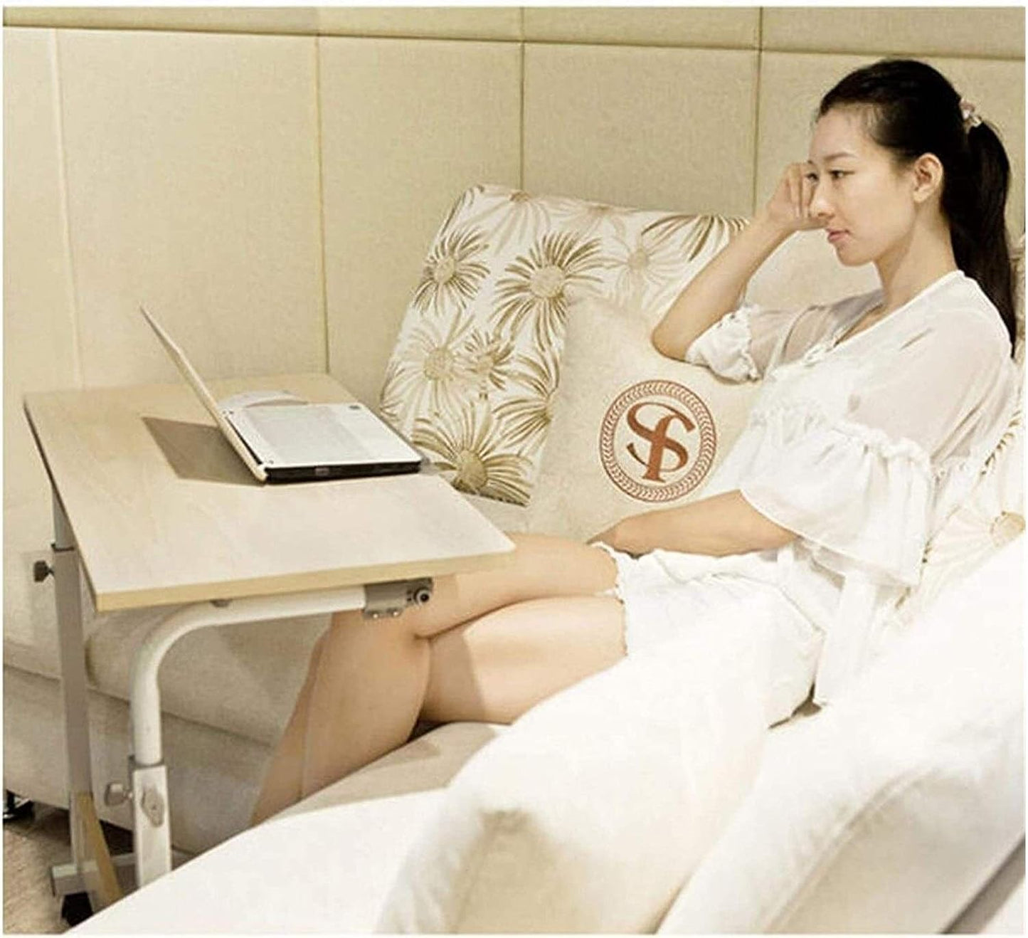 Height Adjustable Table Side Table for Bed Sofa Hospital Nursing Reading Eating Portable Computer Desk for Living Room Bedroom (Color : Teak Size : 80x50cm) (White 60x40cm)