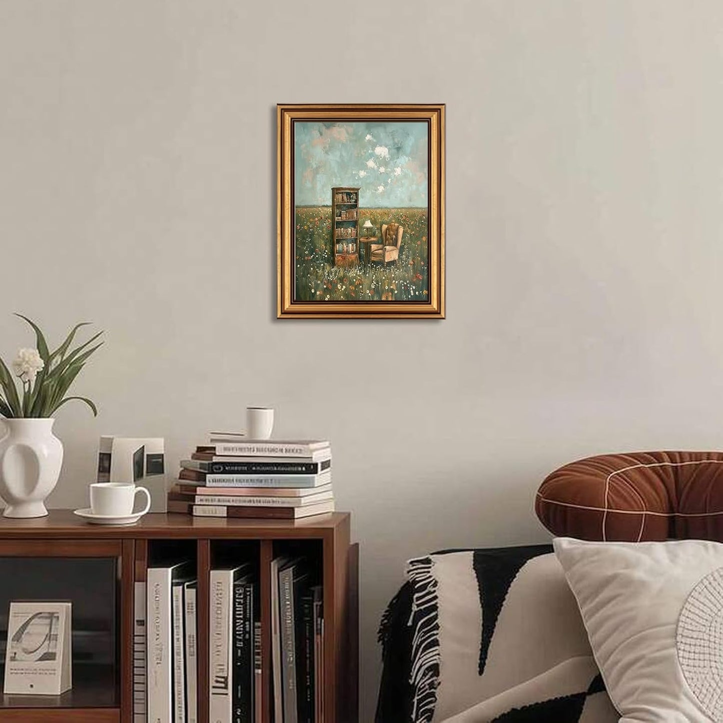 Devunaty Vintage Gold Framed Wall Art for Living Room, Whimsical Book Lover Wall Decor Aesthetic, Country Flower Field Canvas Print Painting, Rustic Farmhouse Book Pictures for Bedroom Library 9"x11"