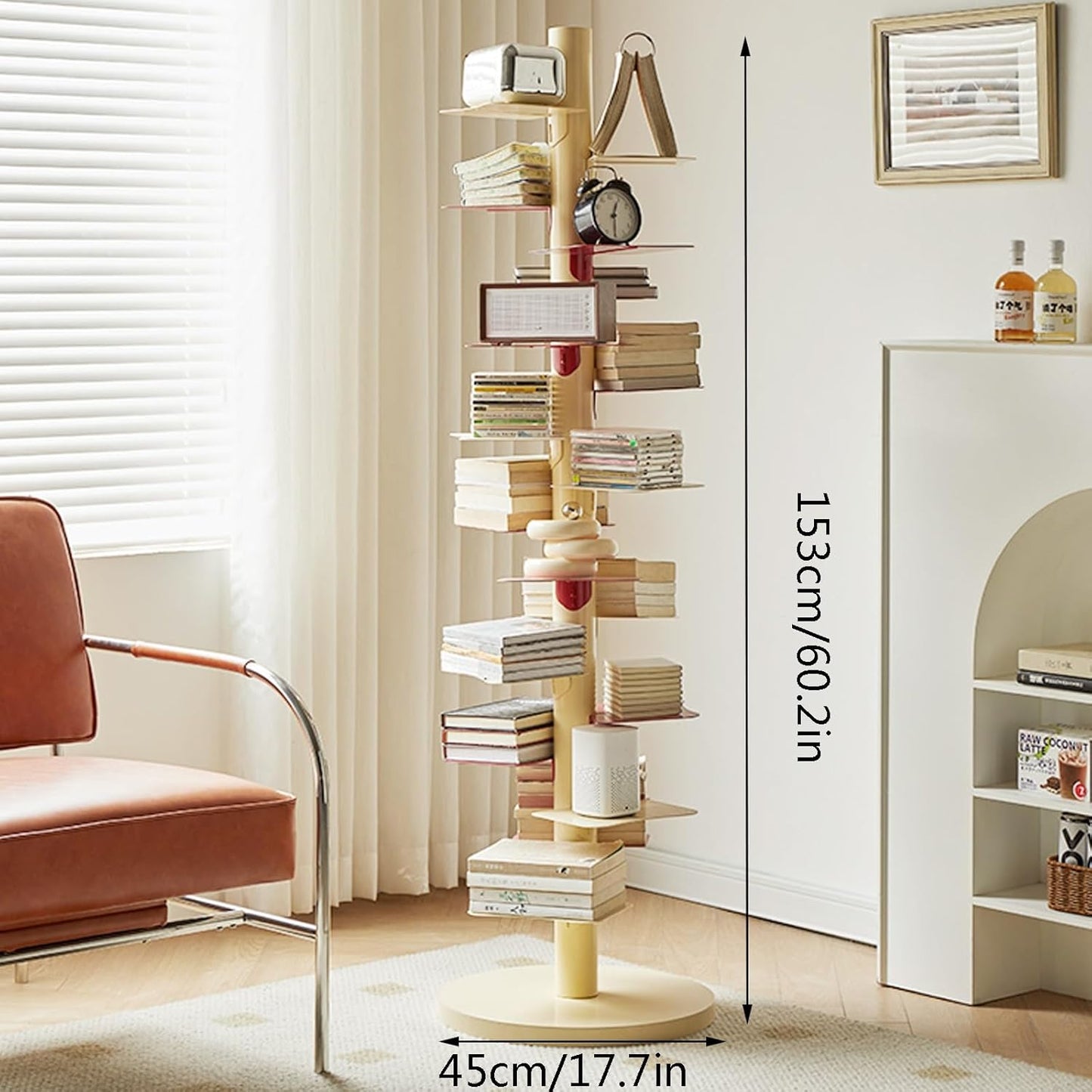 Multipurpose Display Book Shelf ，Floor-to-Ceiling Simple Narrow Invisible Bookshelf ，Multipurpose Corner Bookshelf, Metal Book Tower for Small Spaces ，Metal Bookshelf – Vertical Book Tower(Red and whi
