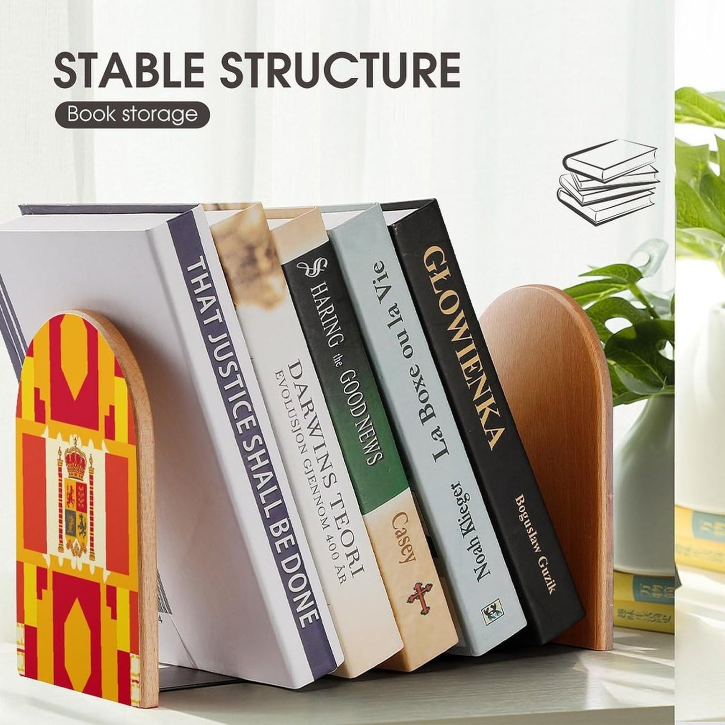 Spanish Flag Pattern Wooden Bookend Non-Slip Book Ends Heavy Duty Book Stopper with Metal Base Books Holderd Decorative Bookends Stands Firmly for Office Supplies