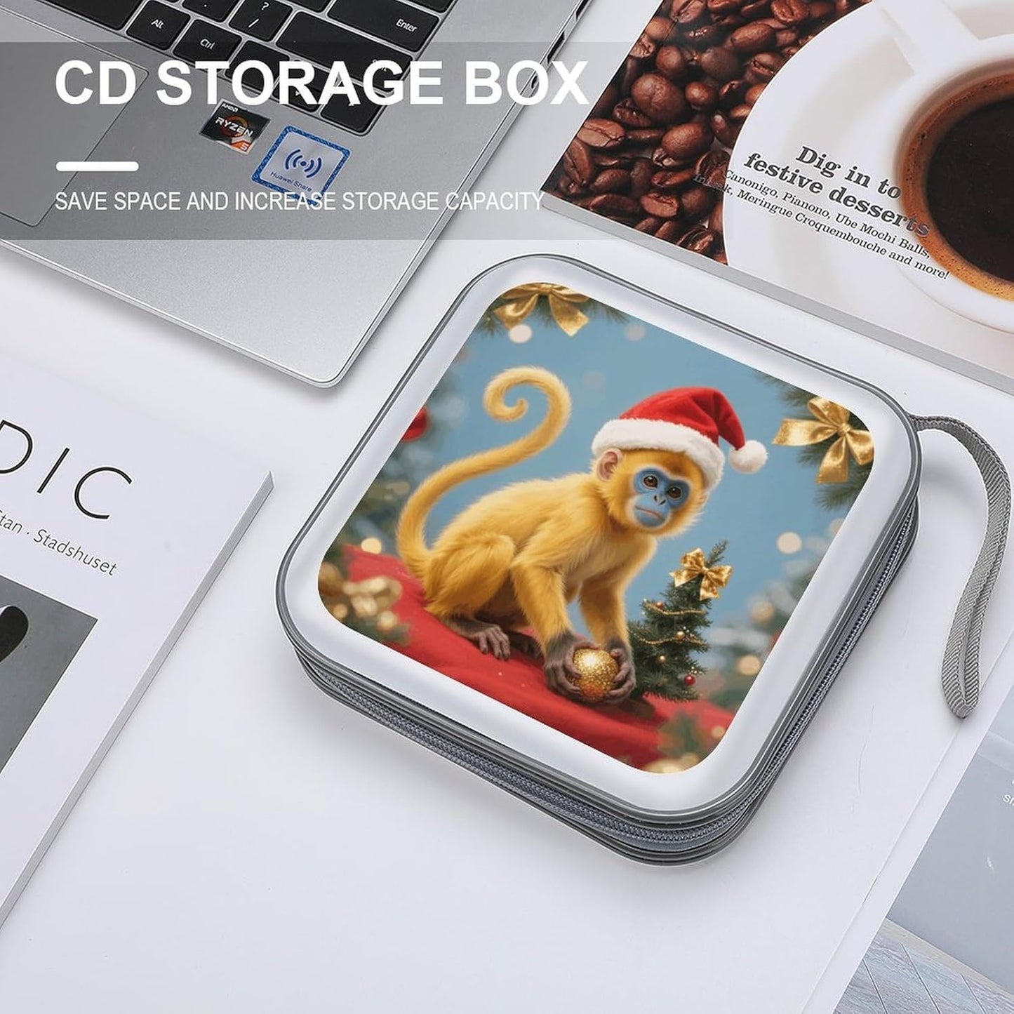 Christmas Monkey CD Case Portable Zipper CD Case 40 Capacity Hard Plastic DVD Cases Holder Large Storage Disc Wallet Bag for Car Home Travel DVD Collection Bag