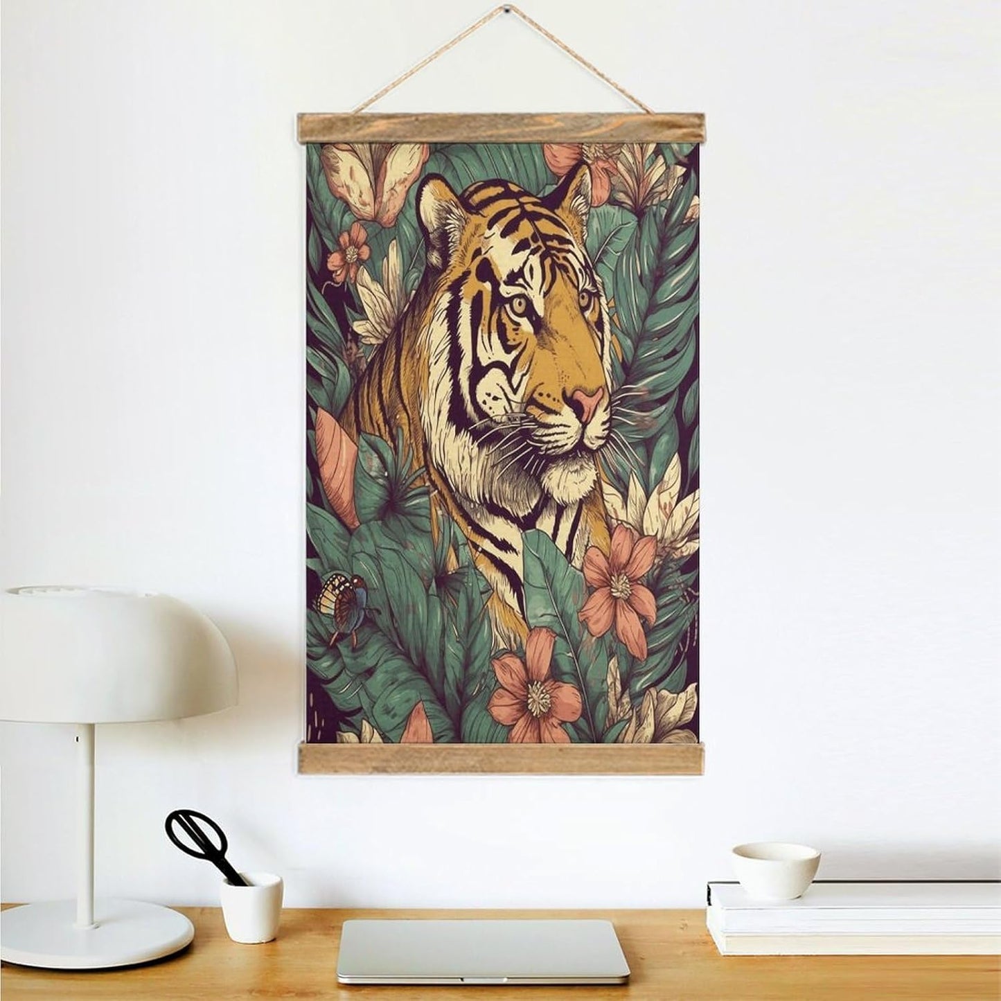 Vintage Tropical Tiger Poster with Wooden Frame Personalized Linen Hanging Scroll Painting Rustic Wall Hanging Illustrative Modern Artwork Decor for Home Living Room Bedroom Office