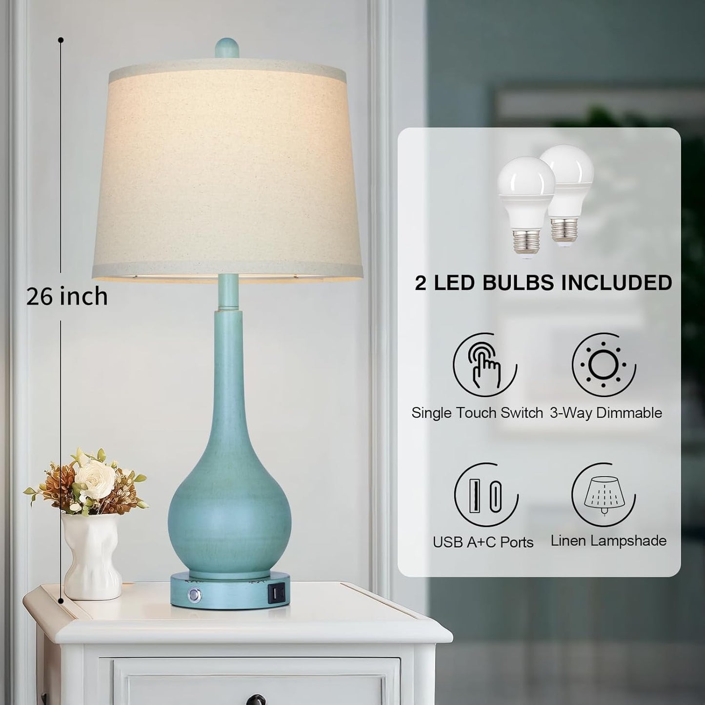 26" Farmhouse Table Lamps for Living Room Set of 2, 3-Way Dimmable Touch Control Bedside Lamp with USB A+C Ports, Retro Blue Nightstand Lamps for Bedroom (2 LED Bulbs Included)